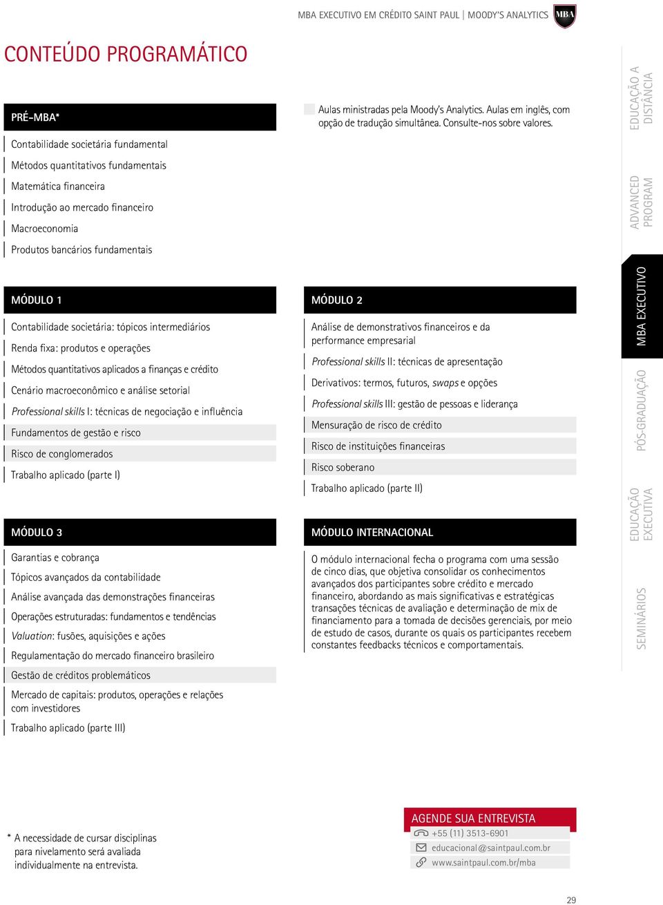 EDUCAÇÃO A DISTÂNCIA ADVANCED PROGRAM MÓDULO 1 Contabilidade societária: tópicos intermediários Renda fixa: produtos e operações Métodos quantitativos aplicados a finanças e crédito Cenário