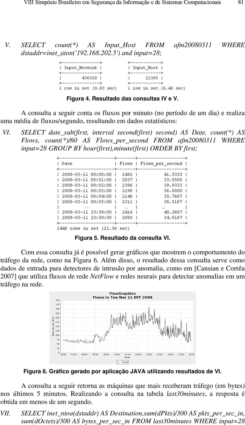 SELECT date_sub(first, interval second(first) second) AS Date, count(*) AS Flows, count(*)/60 AS Flows_per_second FROM afm20080311 WHERE input=28 GROUP BY hour(first),minute(first) ORDER BY first;