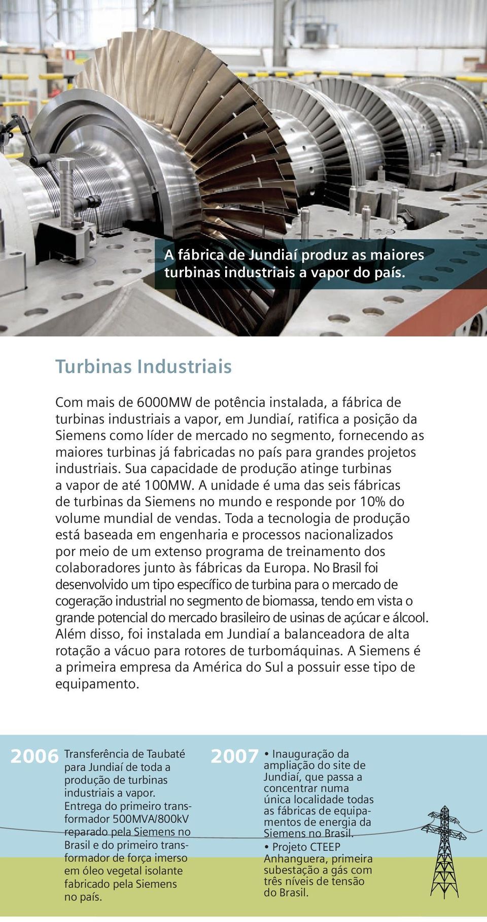 maiores turbinas já fabricadas no país para grandes projetos industriais. Sua capacidade de produção atinge turbinas a vapor de até 100MW.