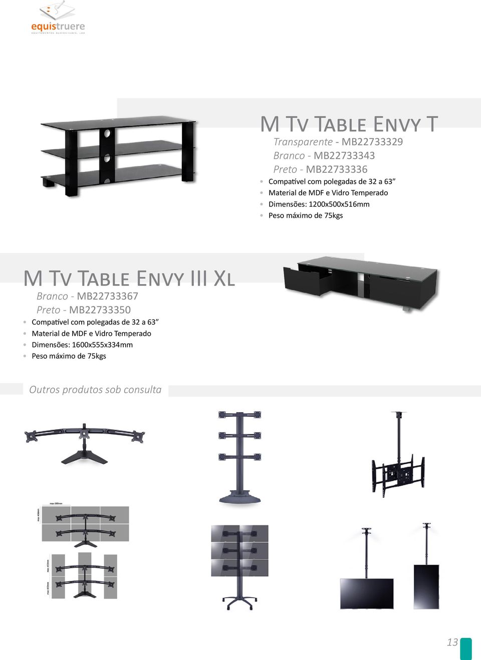 M Tv Table Envy III Xl Branco - MB733367 Preto - MB733350 Compatível com polegadas de 3 a 63