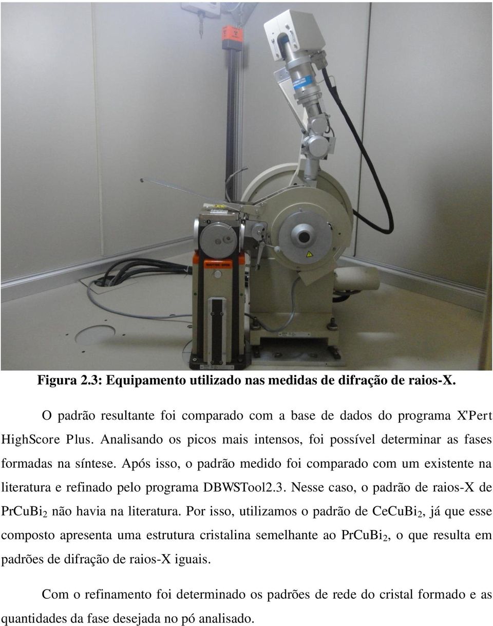 Após isso, o padrão medido foi comparado com um existente na literatura e refinado pelo programa DBWSTool2.3. Nesse caso, o padrão de raios-x de PrCuBi 2 não havia na literatura.