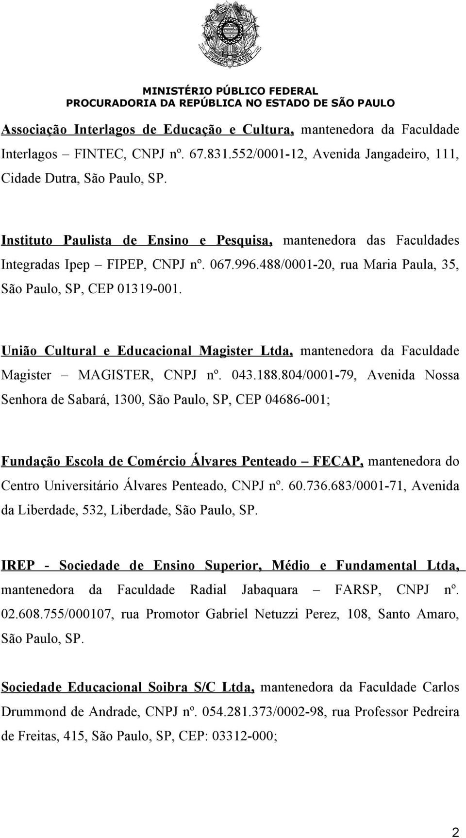 União Cultural e Educacional Magister Ltda, mantenedora da Faculdade Magister MAGISTER, CNPJ nº. 043.188.