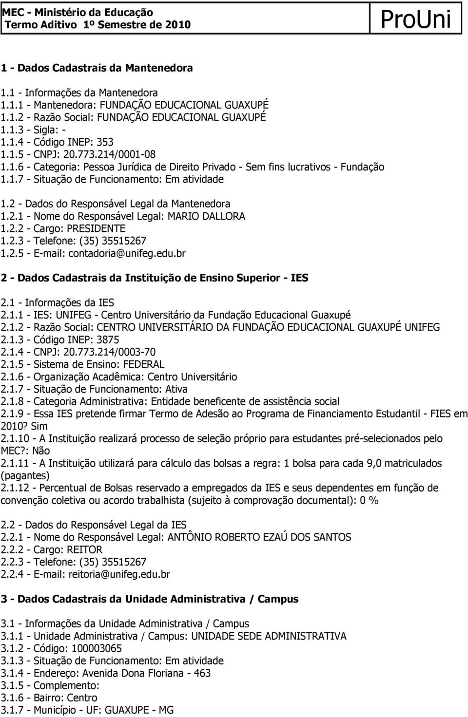 2 Dados do Responsável Legal da Mantenedora 1.2.1 Nome do Responsável Legal: MARIO DALLORA 1.2.2 Cargo: PRESIDENTE 1.2. Telefone: (5) 551527 1.2.5 Email: contadoria@unifeg.edu.