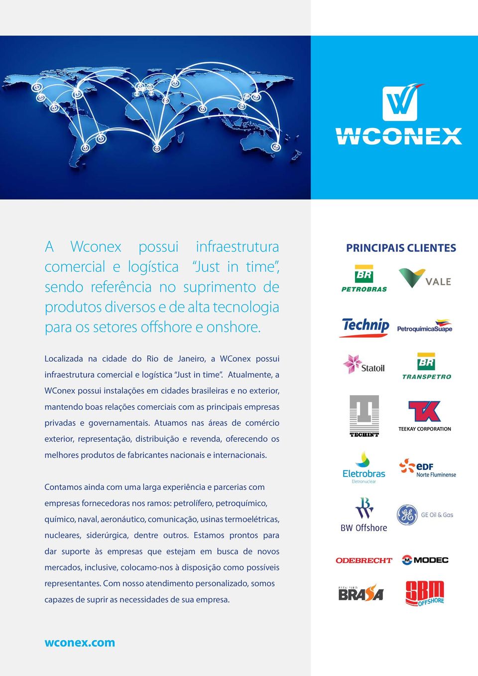 Atualmente, a WConex possui instalações em cidades brasileiras e no exterior, mantendo boas relações comerciais com as principais empresas privadas e governamentais.