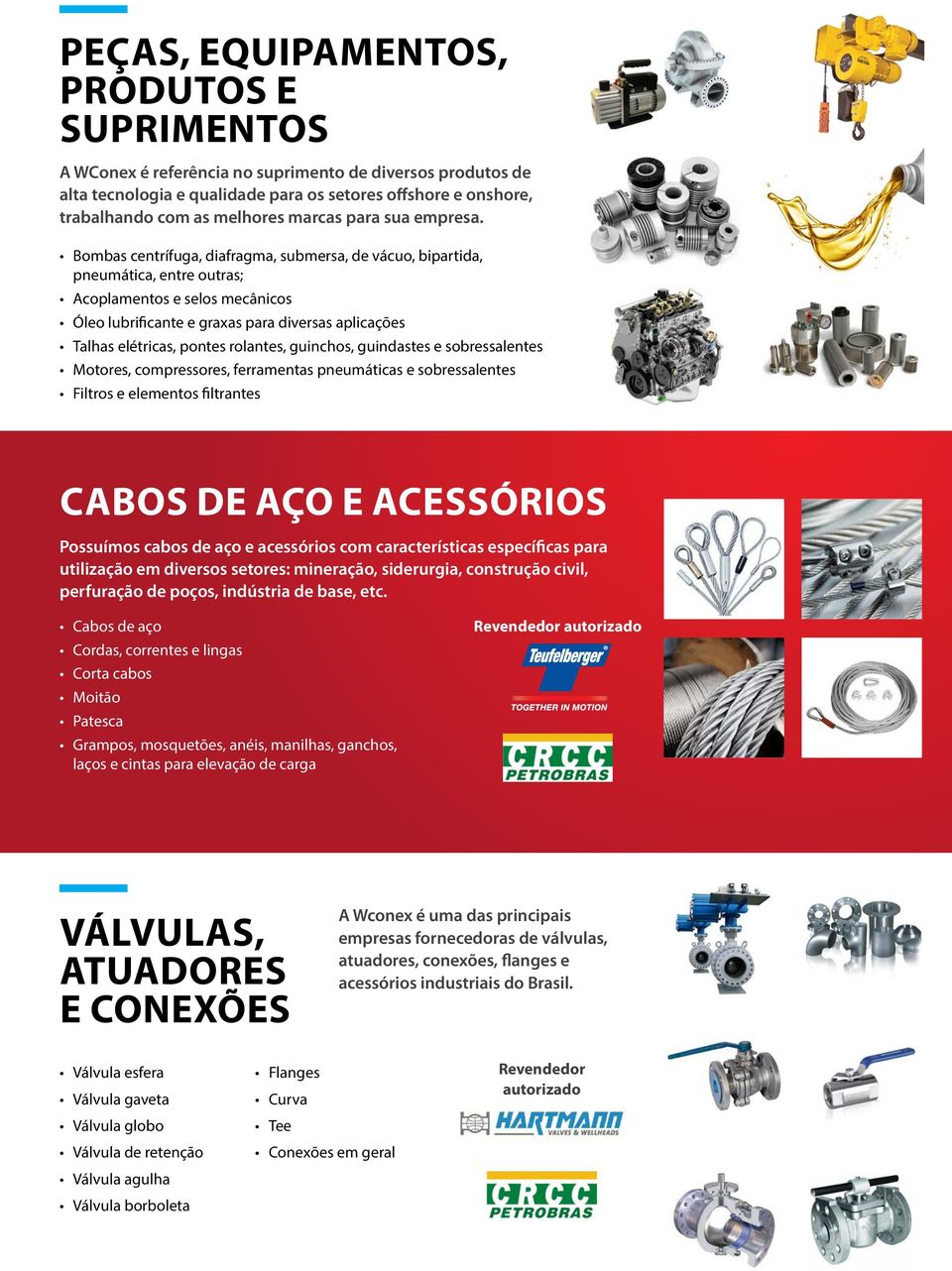 Bombas centrífuga, diafragma, submersa, de vácuo, bipartida, pneumática, entre outras; Acoplamentos e selos mecânicos Óleo lubrificante e graxas para diversas aplicações Talhas elétricas, pontes