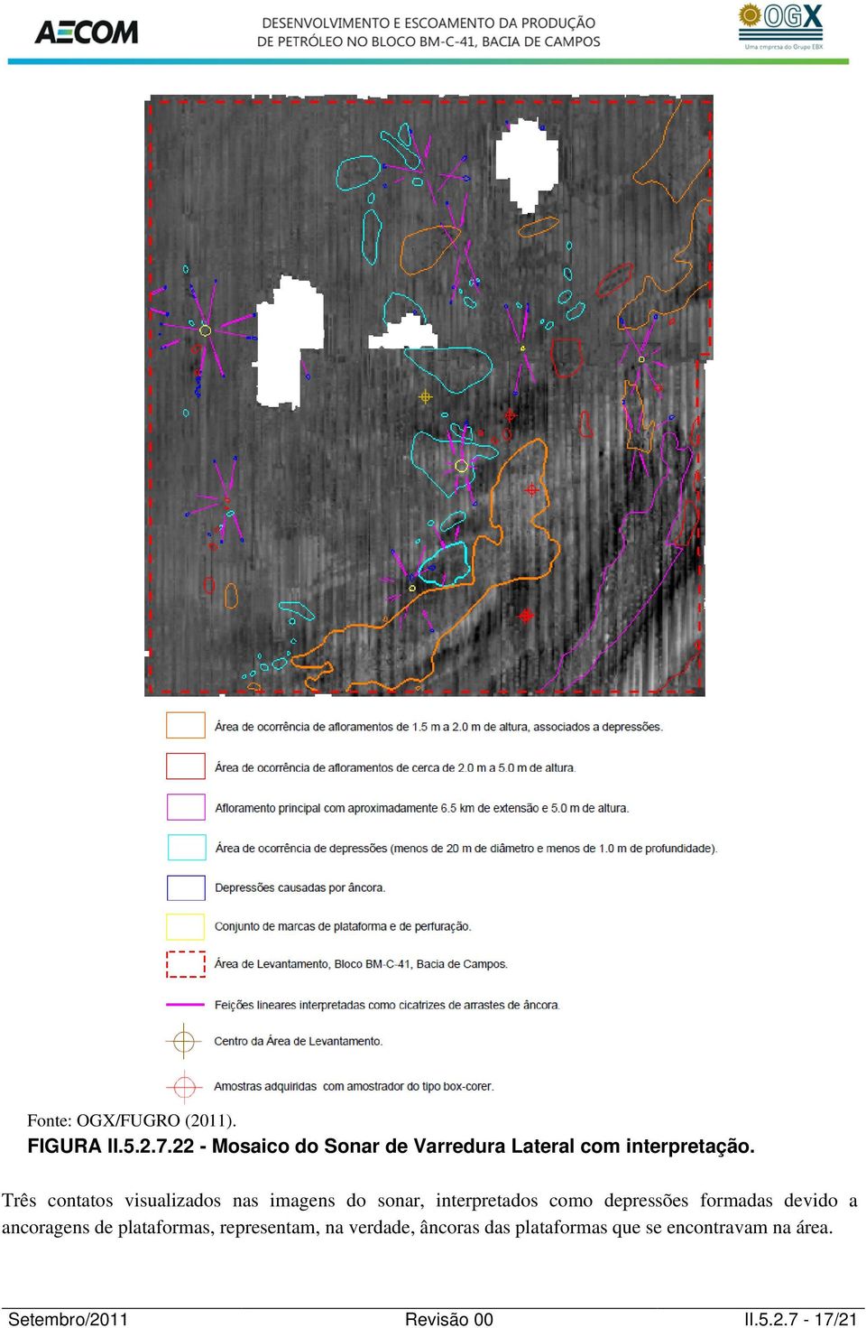 Três contatos visualizados nas imagens do sonar, interpretados como depressões