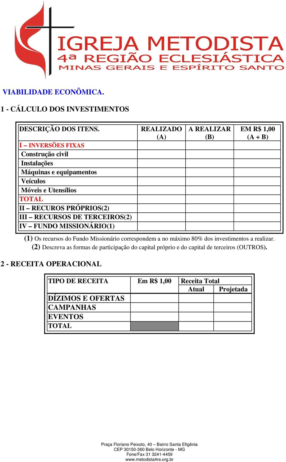 TERCEIROS(2) IV FUNDO MISSIONÁRIO(1) REALIZADO (A) A REALIZAR (B) EM R$ 1,00 (A + B) (1) Os recursos do Fundo Missionário correspondem a no máximo 80%