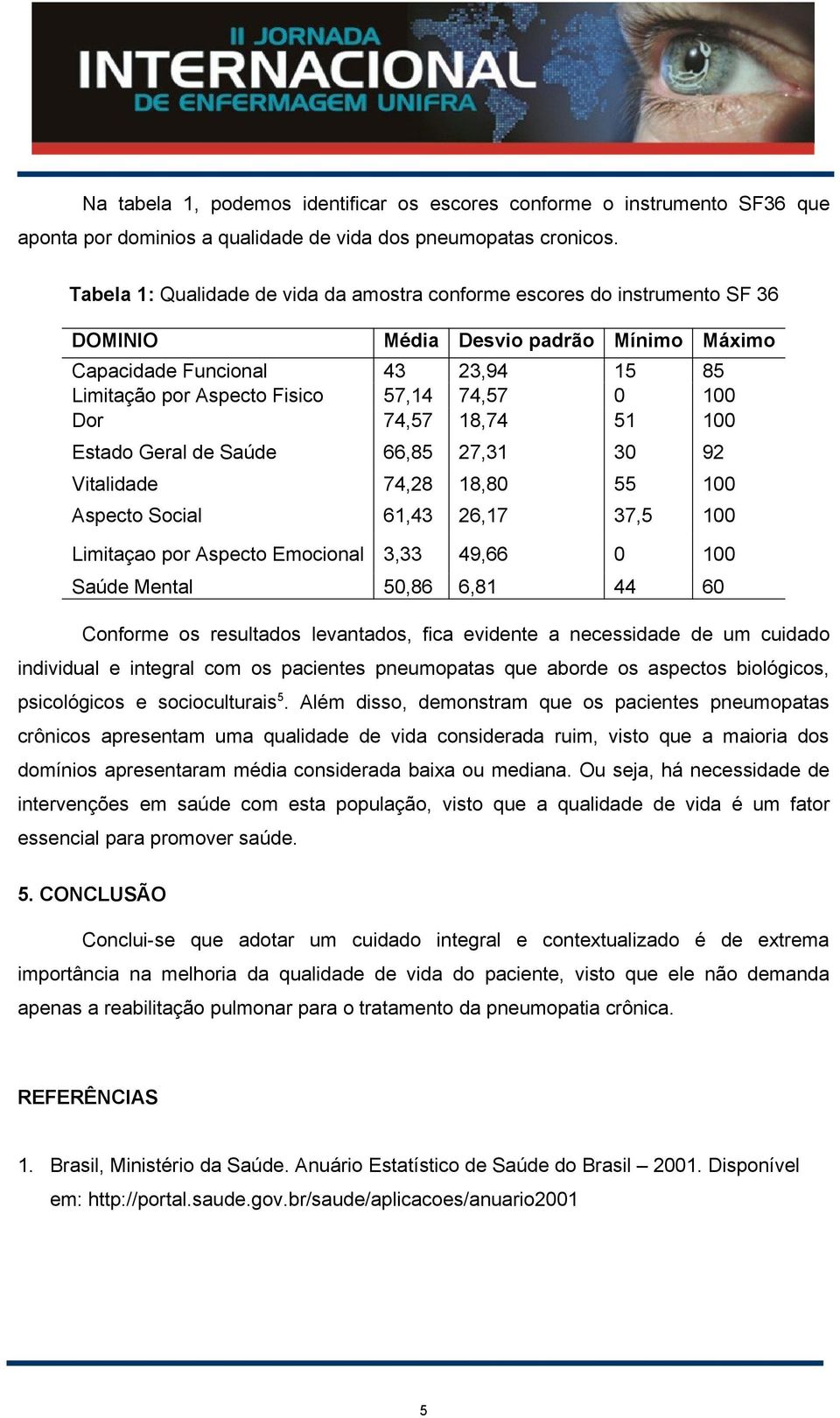 100 Dor 74,57 18,74 51 100 Estado Geral de Saúde 66,85 27,31 30 92 Vitalidade 74,28 18,80 55 100 Aspecto Social 61,43 26,17 37,5 100 Limitaçao por Aspecto Emocional 3,33 49,66 0 100 Saúde Mental