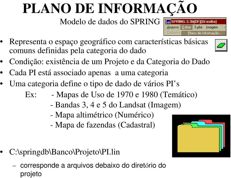 categoria define o tipo de dado de vários PI s Ex: - Mapas de Uso de 1970 e 1980 (Temático) - Bandas 3, 4 e 5 do Landsat (Imagem) -