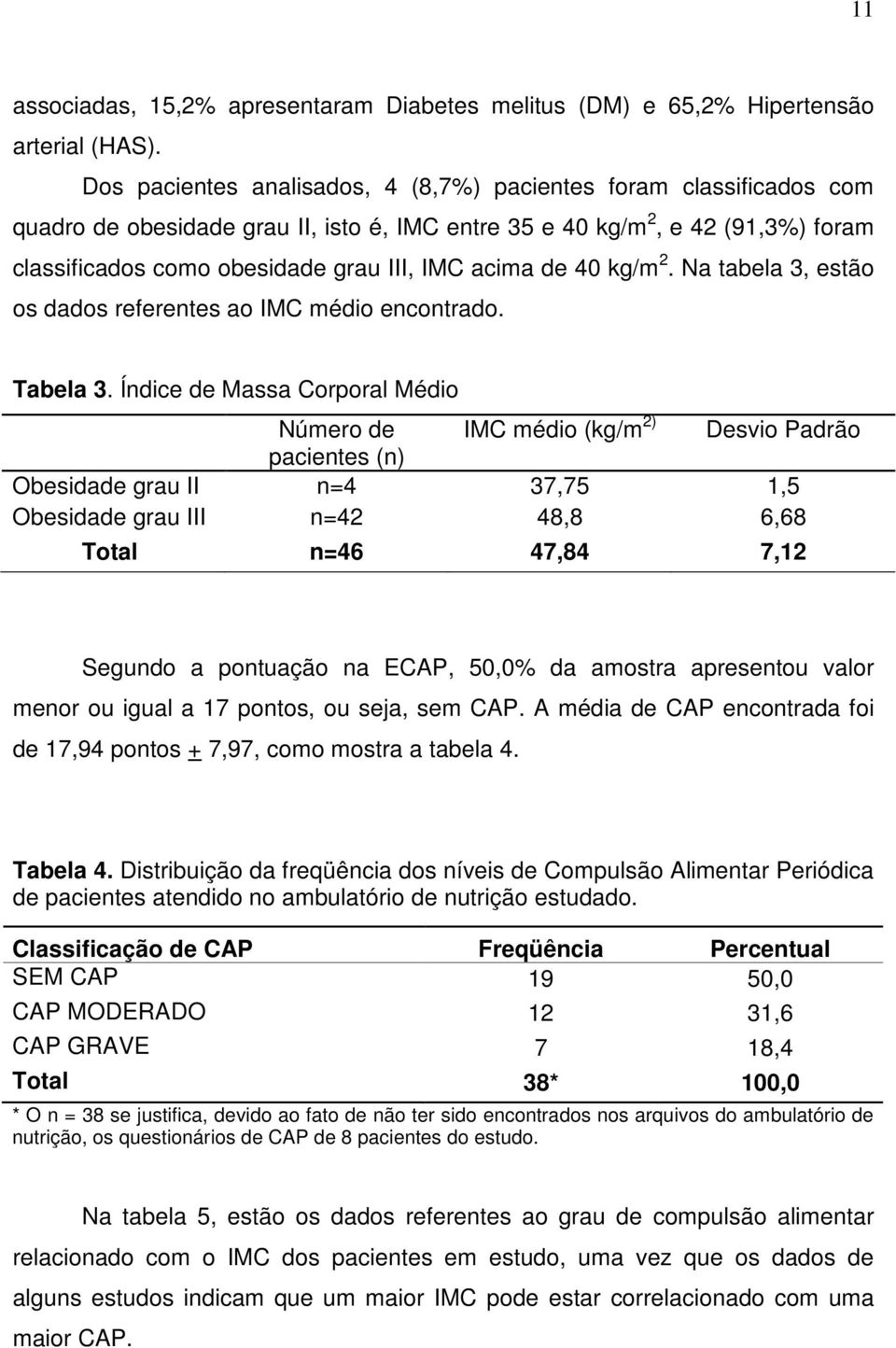 de 40 kg/m 2. Na tabela 3, estão os dados referentes ao IMC médio encontrado. Tabela 3.