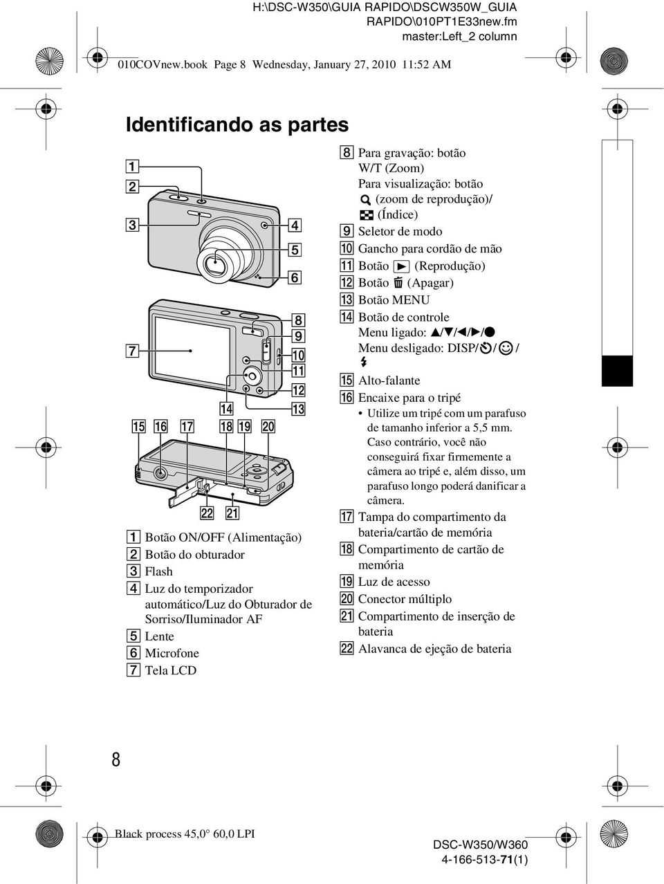 cordão de mão K Botão (Reprodução) L Botão (Apagar) M Botão MENU N Botão de controle Menu ligado: v/v/b/b/z Menu desligado: DISP/ / / A Botão ON/OFF (Alimentação) B Botão do obturador C Flash D Luz