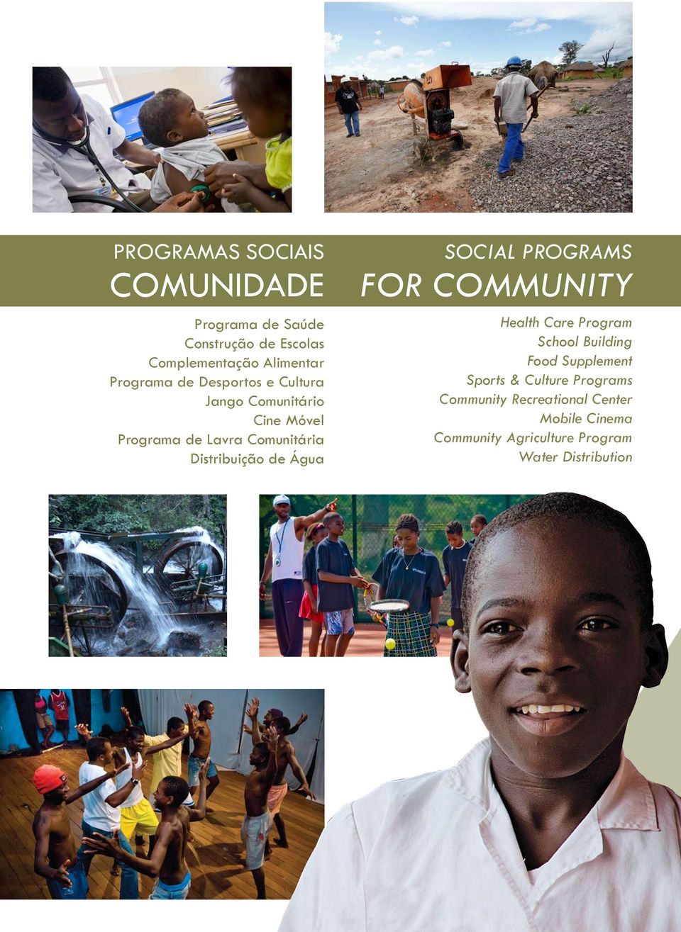 Distribuição de Água Social programs FOR COMMUNITY Health Care Program School Building Food