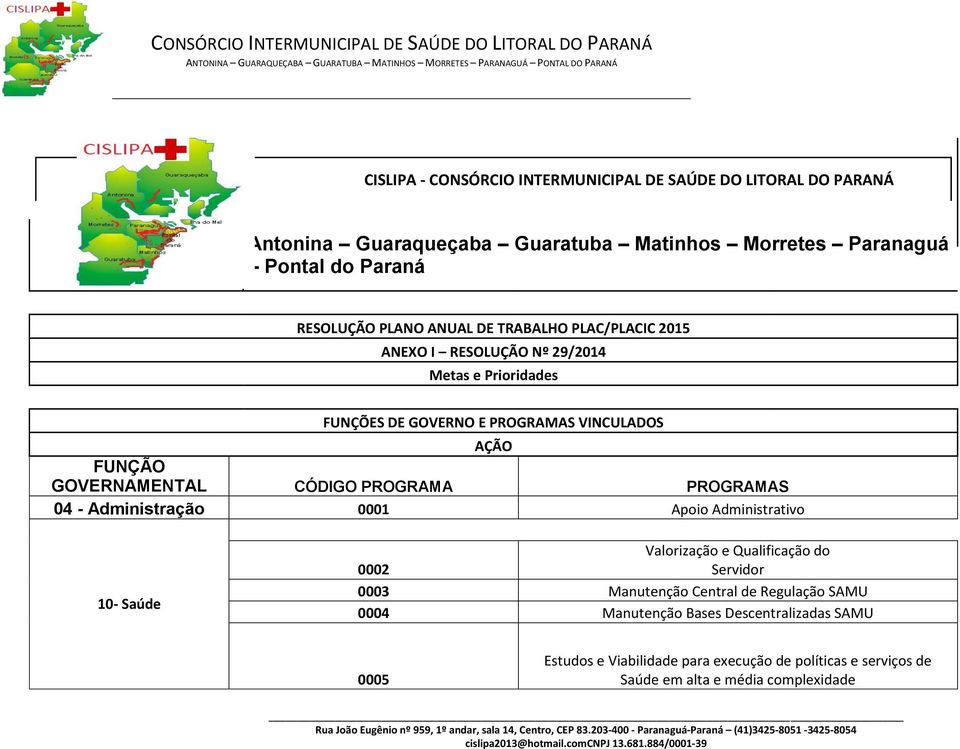 GOVERNO E PROGRMS VINCULDOS ÇÃO FUNÇÃO GOVERNMENTL CÓDIGO PROGRM PROGRMS 04 - dministração 0001 poio dministrativo 10- Saúde Valorização e Qualificação do 0002 Servidor 0003