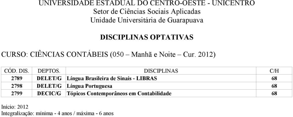 DISCIPLINAS C/H 2789 DELET/G Língua Brasileira de Sinais - LIBRAS 68 2798