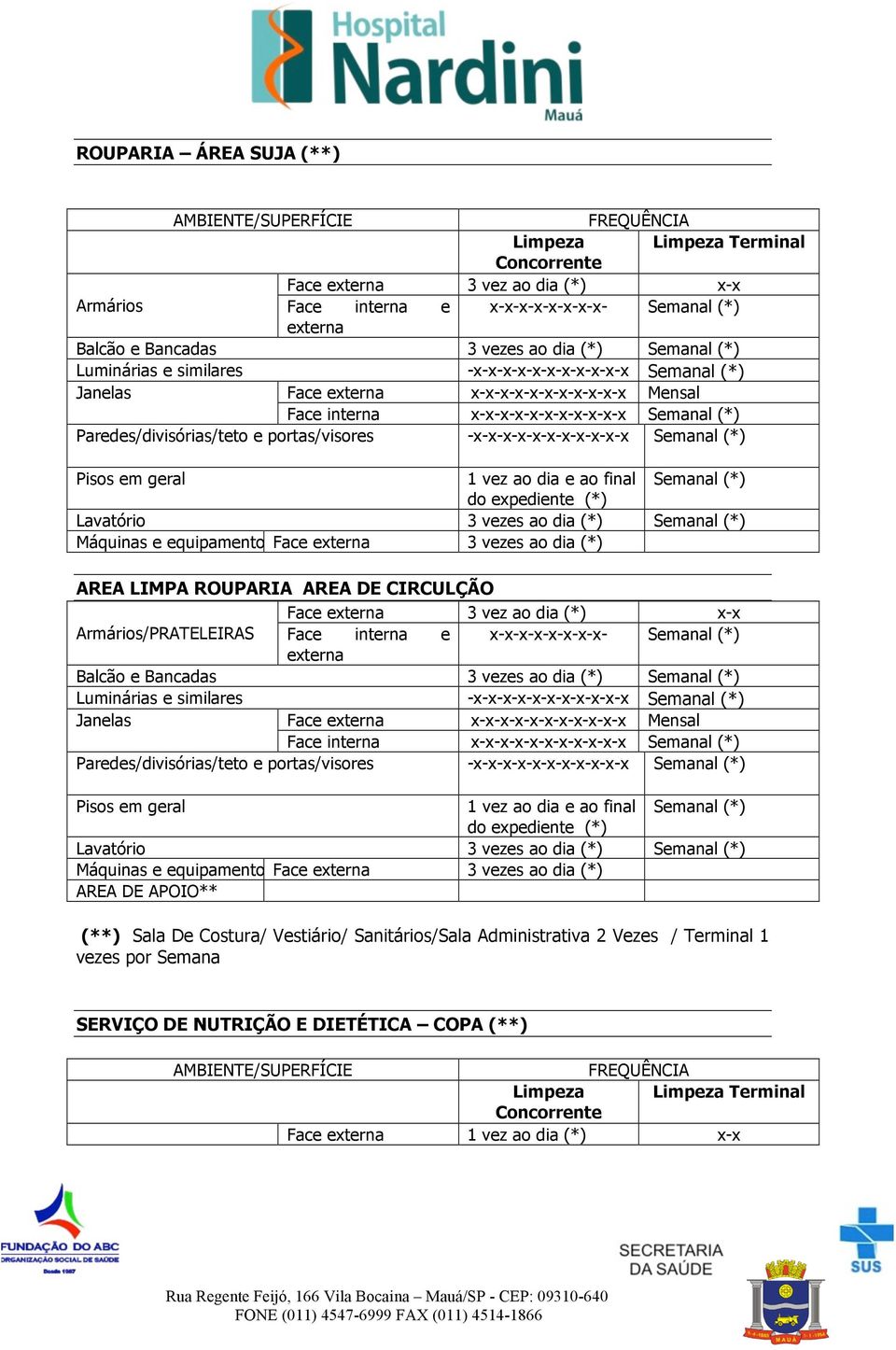 ao dia e ao final Semanal (*) do expediente (*) Lavatório 3 vezes ao dia (*) Semanal (*) Máquinas e equipamentos Face 3 vezes ao dia (*) AREA LIMPA ROUPARIA AREA DE CIRCULÇÃO Face 3 vez ao dia (*)