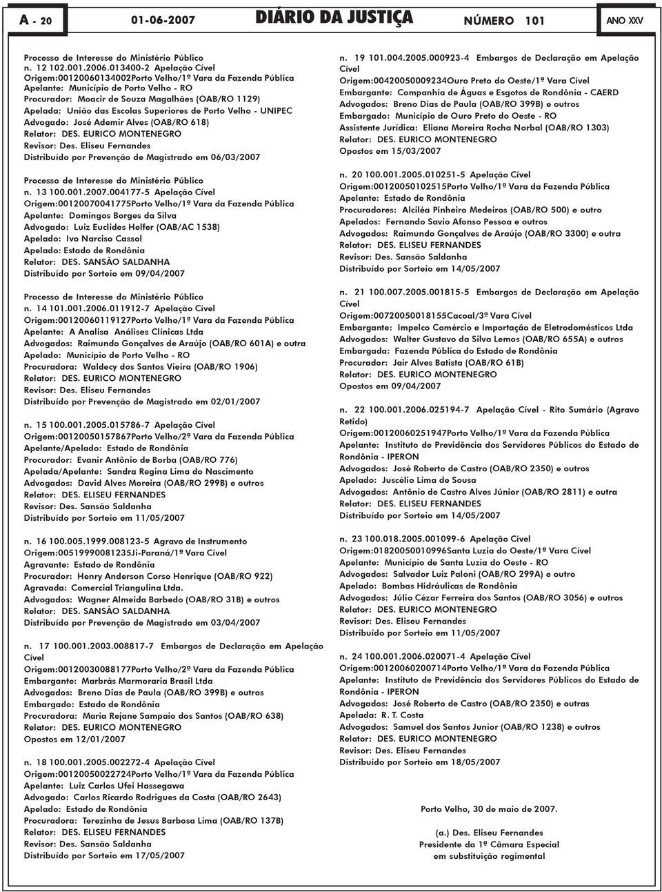 Escolas Superiores de Porto Velho - UNIPEC Advogado: José Ademir Alves (OAB/RO 618) Relator: DES. EURICO MONTENEGRO Revisor: Des.