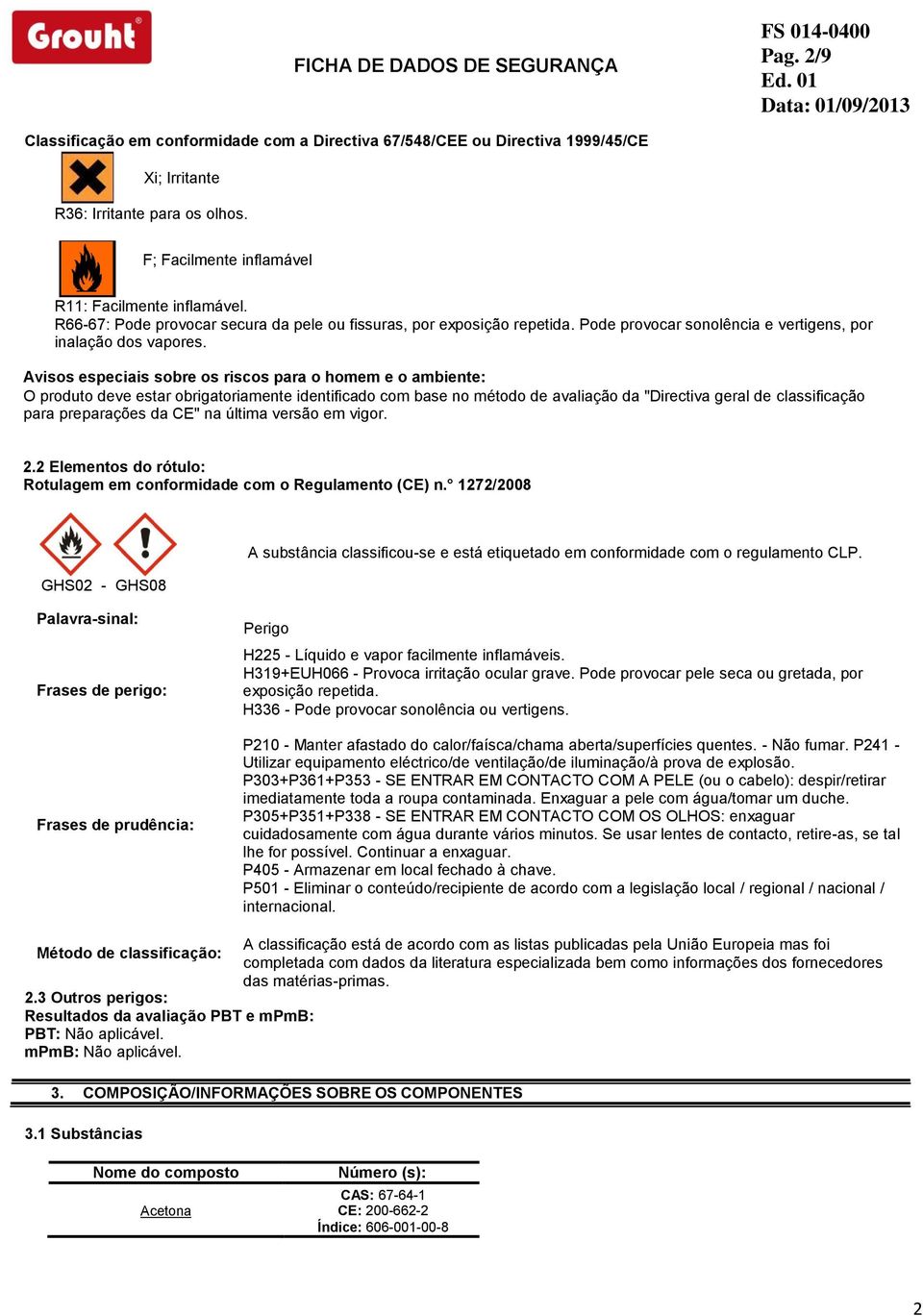 Avisos especiais sobre os riscos para o homem e o ambiente: O produto deve estar obrigatoriamente identificado com base no método de avaliação da "Directiva geral de classificação para preparações da