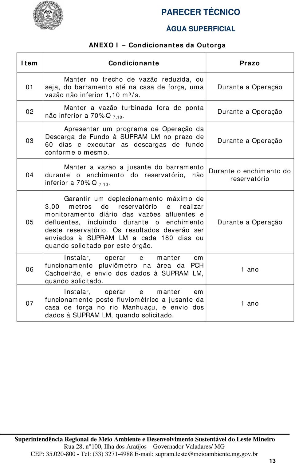 Apresentar um programa de Operação da Descarga de Fundo à SUPRAM LM no prazo de 60 dias e executar as descargas de fundo conforme o mesmo.