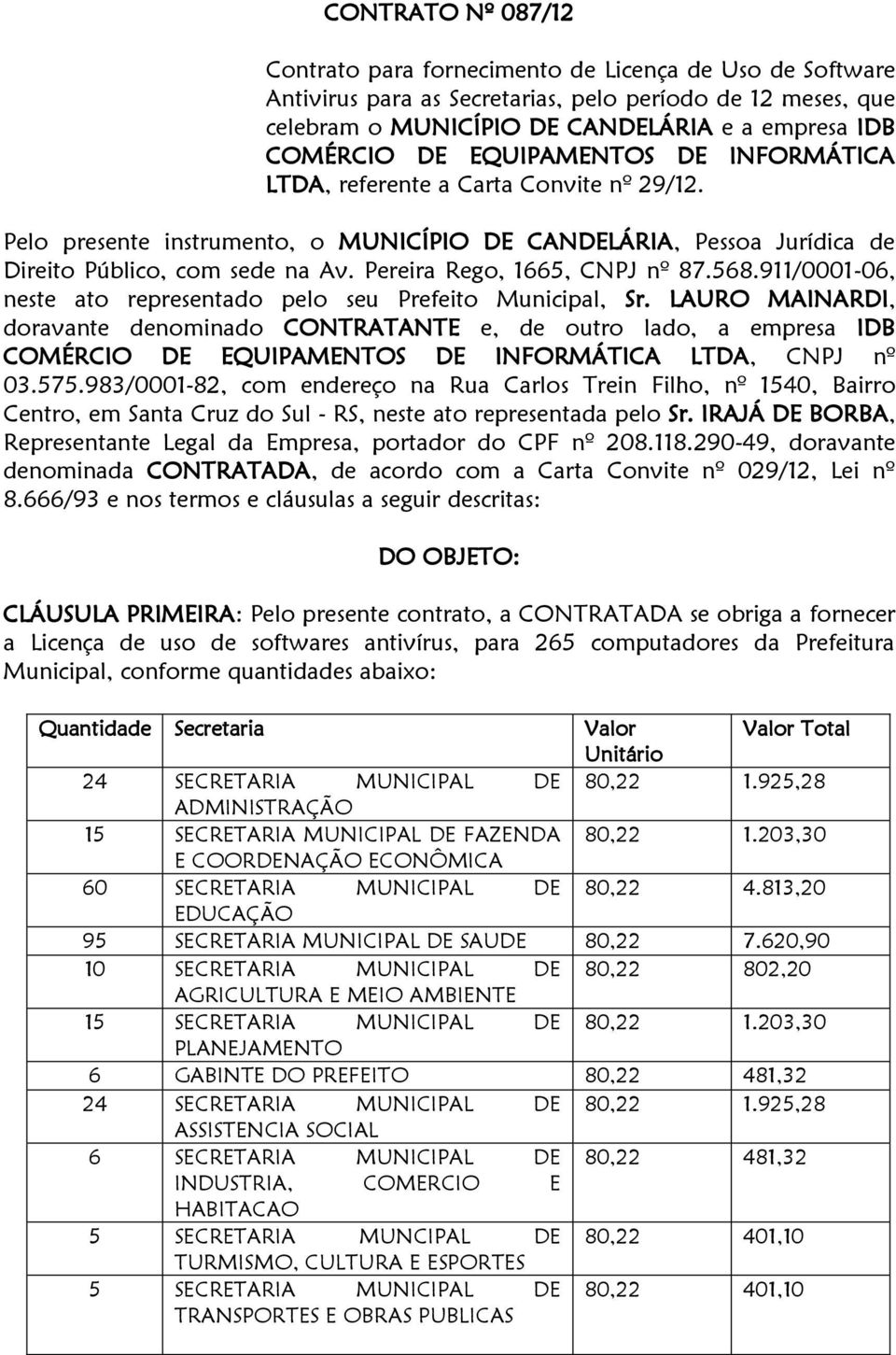 Pereira Rego, 1665, CNPJ nº 87.568.911/0001-06, neste ato representado pelo seu Prefeito Municipal, Sr.