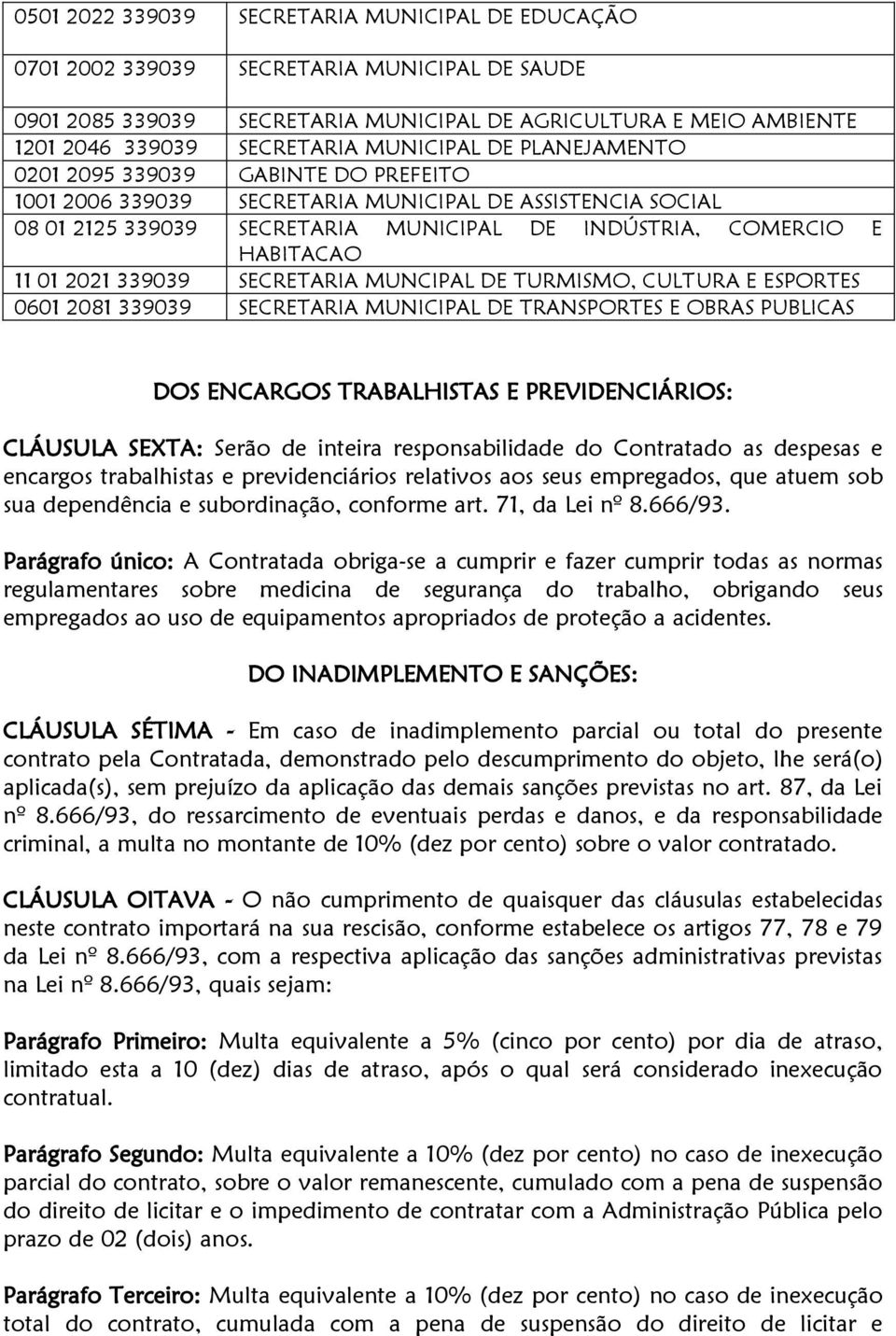 01 2021 339039 SECRETARIA MUNCIPAL DE TURMISMO, CULTURA E ESPORTES 0601 2081 339039 SECRETARIA MUNICIPAL DE TRANSPORTES E OBRAS PUBLICAS DOS ENCARGOS TRABALHISTAS E PREVIDENCIÁRIOS: CLÁUSULA SEXTA: