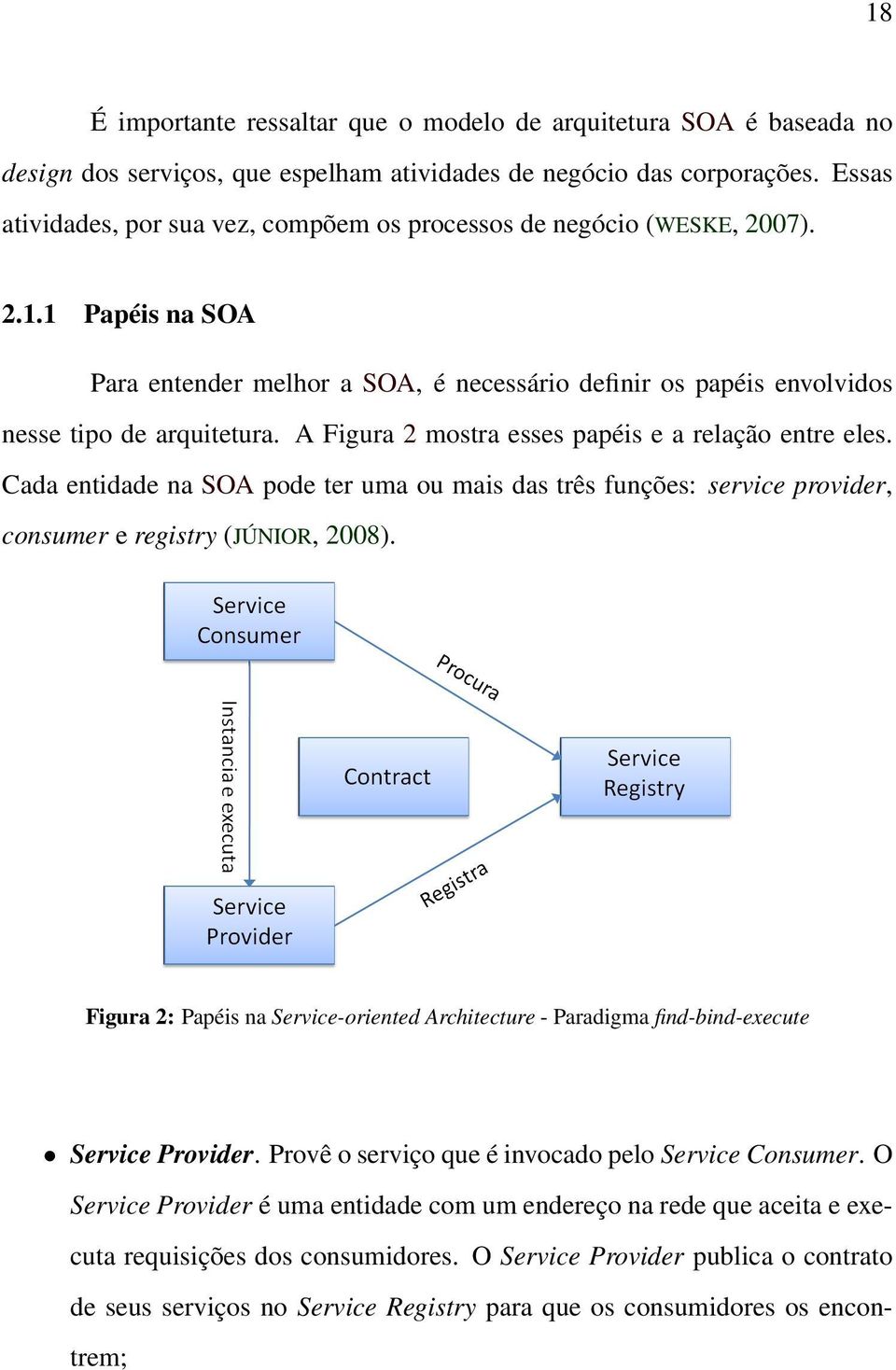 A Figura 2 mostra esses papéis e a relação entre eles. Cada entidade na SOA pode ter uma ou mais das três funções: service provider, consumer e registry (JÚNIOR, 2008).