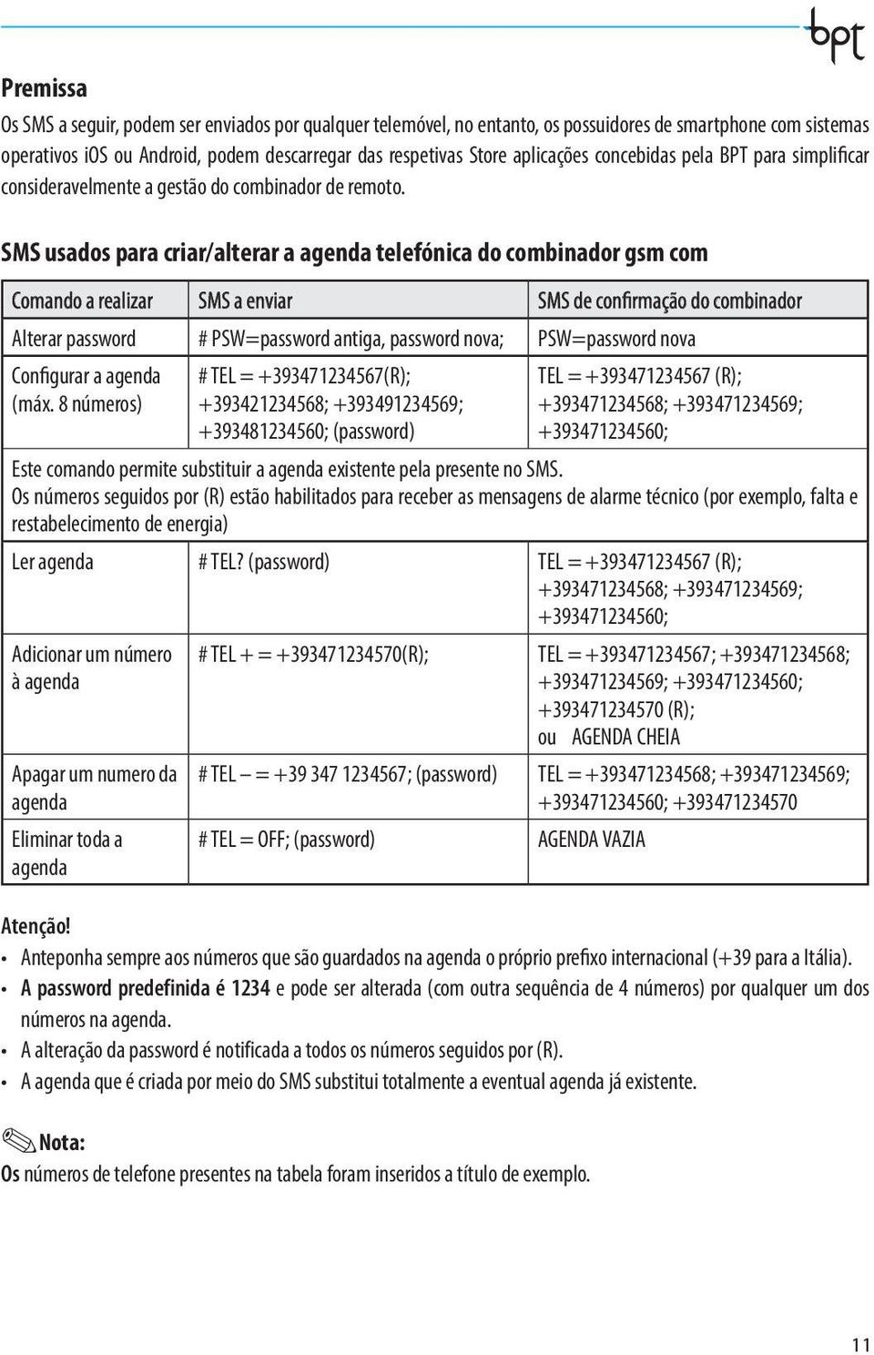 SMS usados para criar/alterar a agenda telefónica do combinador gsm com Comando a realizar SMS a enviar SMS de confirmação do combinador Alterar password # PSW=password antiga, password nova;