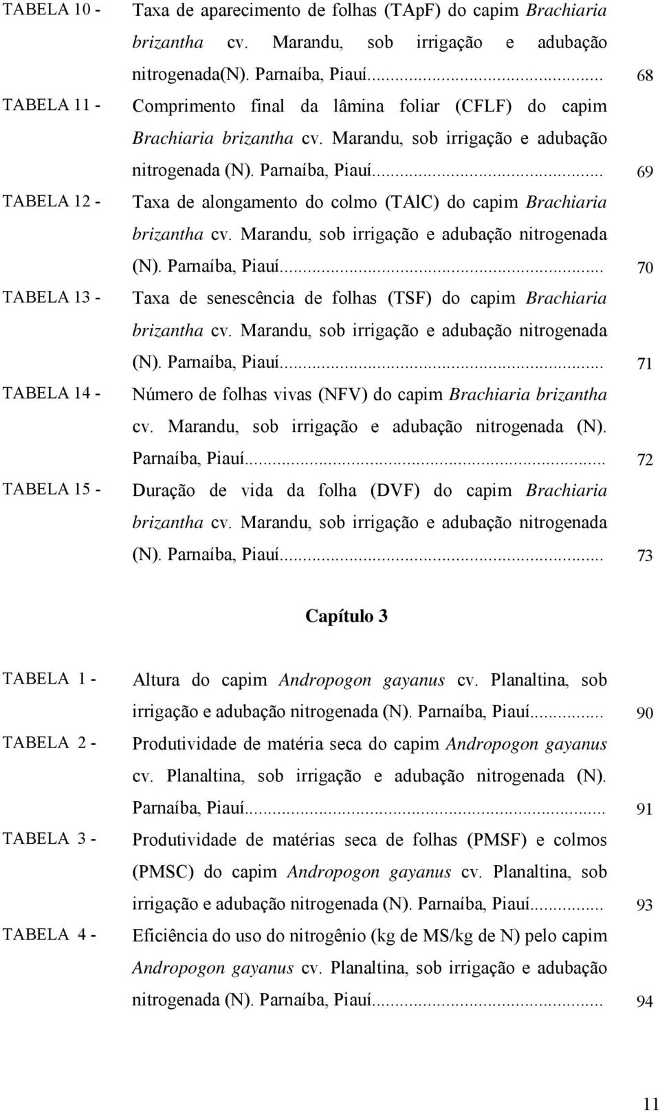 .. 69 Taxa de alongamento do colmo (TAlC) do capim Brachiaria brizantha cv. Marandu, sob irrigação e adubação nitrogenada (N). Parnaíba, Piauí.