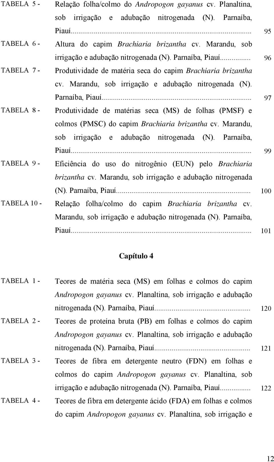 Parnaíba, Piauí... 97 TABELA 8 - Produtividade de matérias seca (MS) de folhas (PMSF) e colmos (PMSC) do capim Brachiaria brizantha cv. Marandu, sob irrigação e adubação nitrogenada (N).