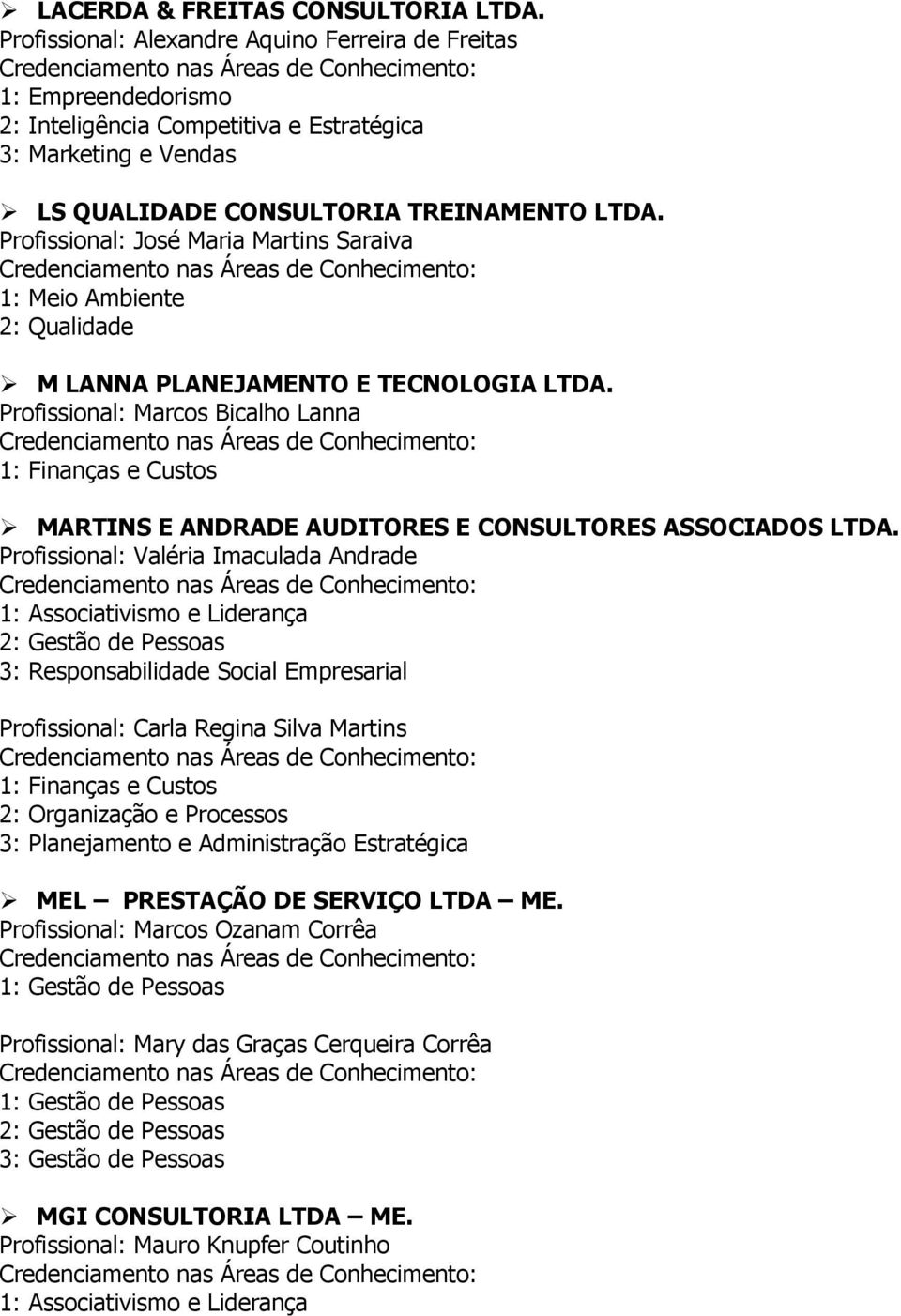 Profissional: José Maria Martins Saraiva M LANNA PLANEJAMENTO E TECNOLOGIA LTDA. Profissional: Marcos Bicalho Lanna MARTINS E ANDRADE AUDITORES E CONSULTORES ASSOCIADOS LTDA.