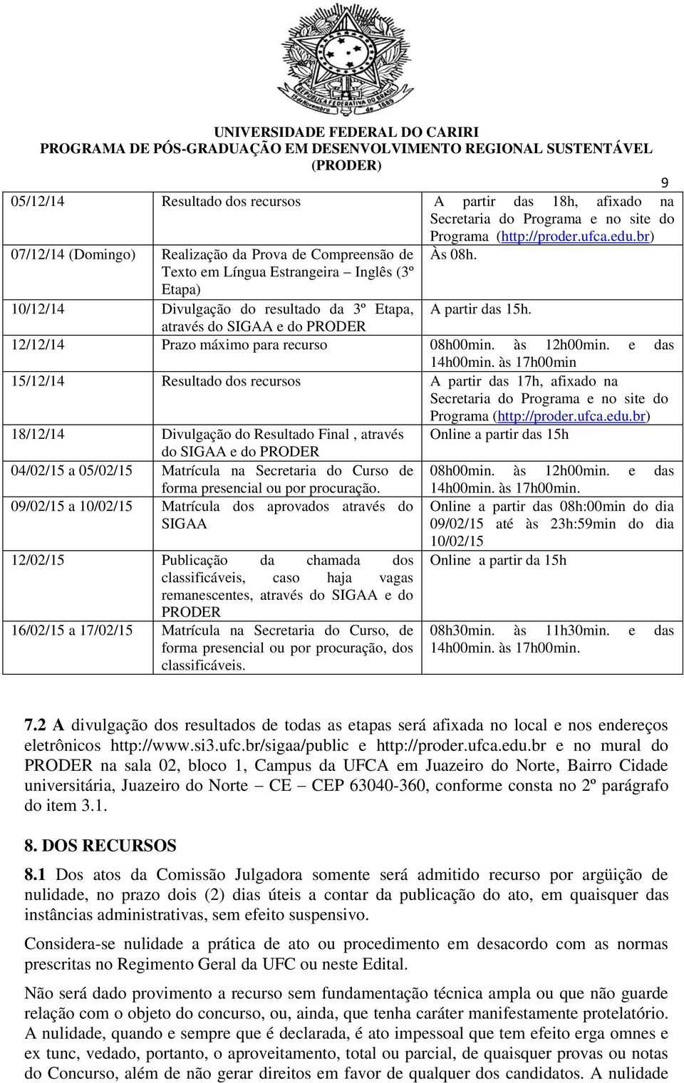 às 12h00min. e das 14h00min. às 17h00min 15/12/14 Resultado dos recursos A partir das 17h, afixado na Secretaria do Programa e no site do Programa (http://proder.ufca.edu.