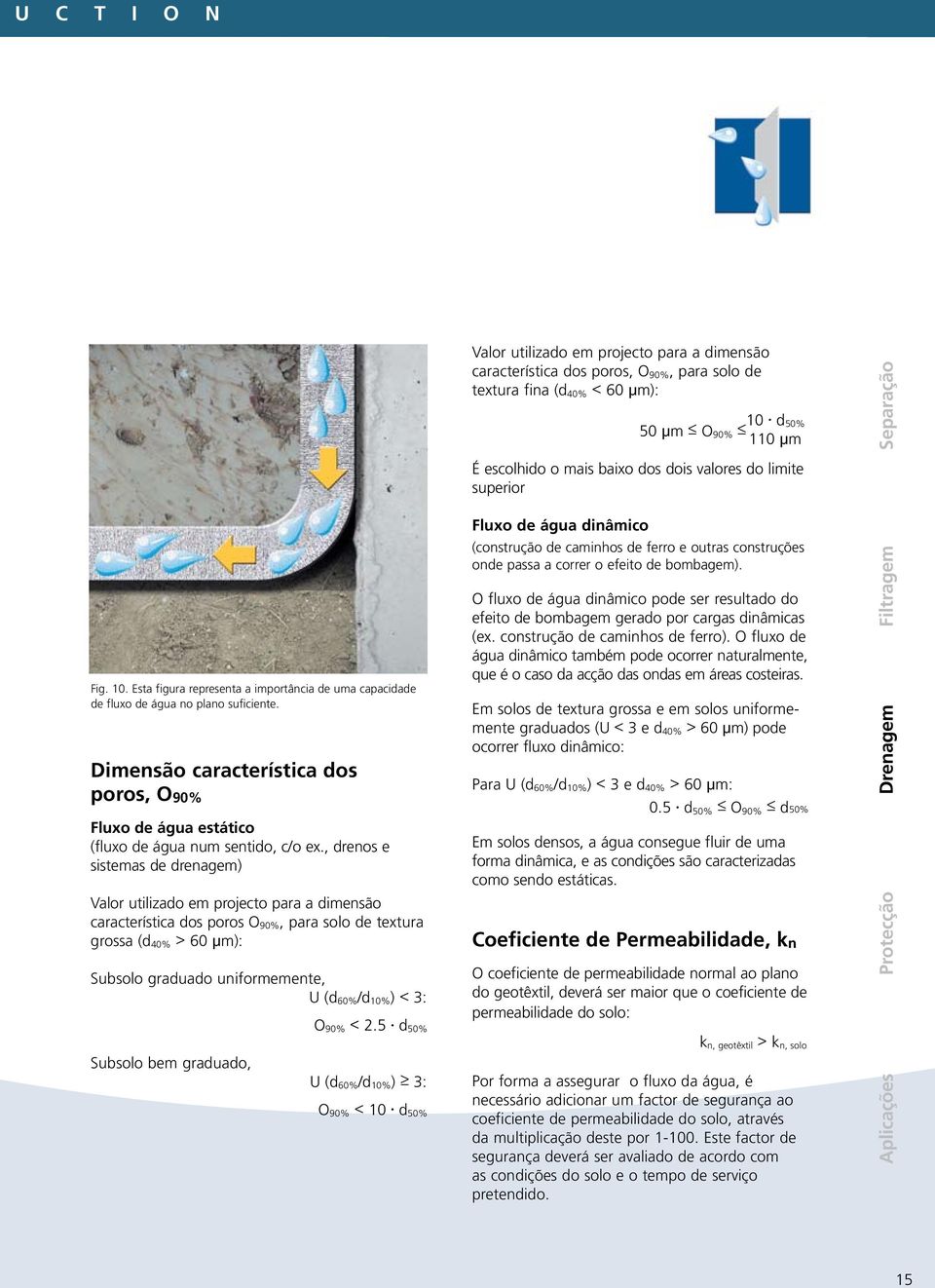 , drenos e sistemas de drenagem) Valor utilizado em projecto para a dimensão característica dos poros O 90%, para solo de textura grossa (d 40% > 60 lm): Subsolo graduado uniformemente, U (d 60% /d