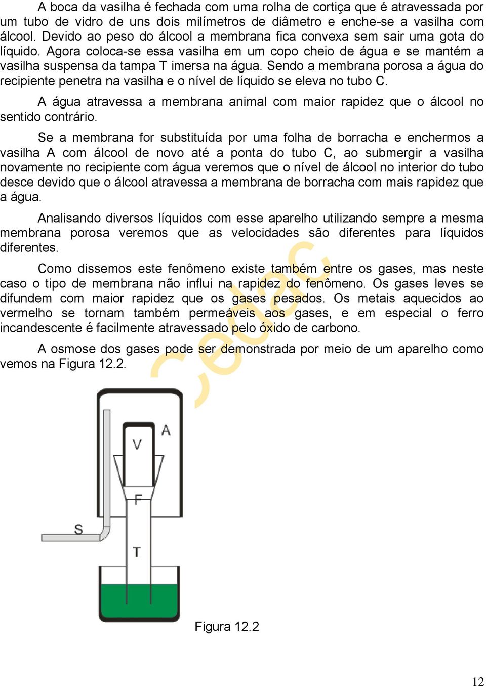 Sendo a membrana porosa a água do recipiente penetra na vasilha e o nível de líquido se eleva no tubo C. A água atravessa a membrana animal com maior rapidez que o álcool no sentido contrário.