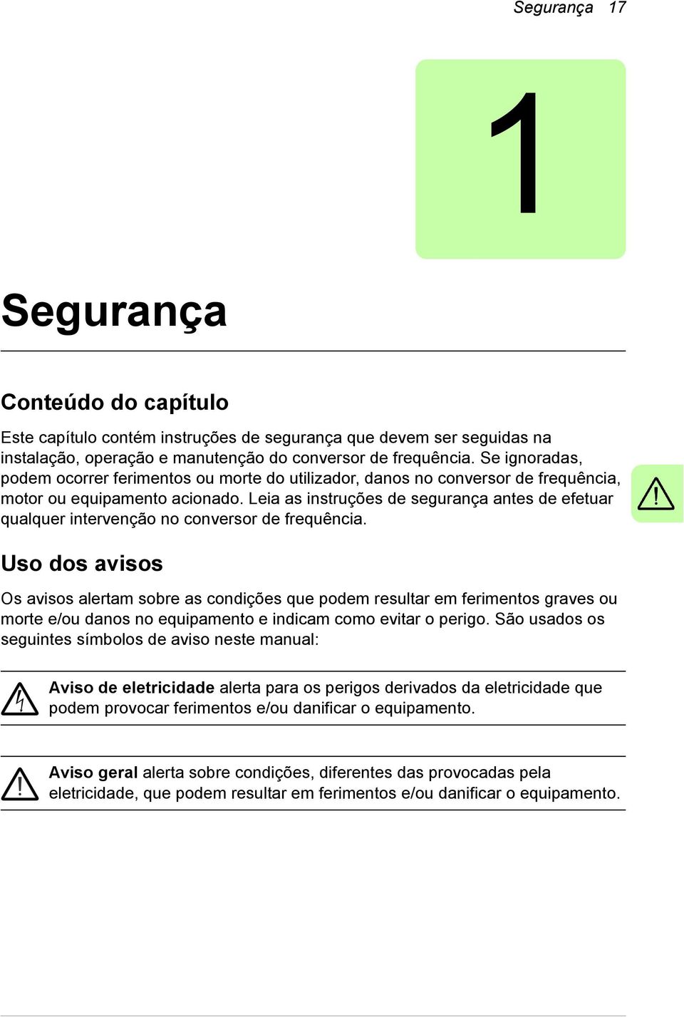 Leia as instruções de segurança antes de efetuar qualquer intervenção no conversor de frequência.