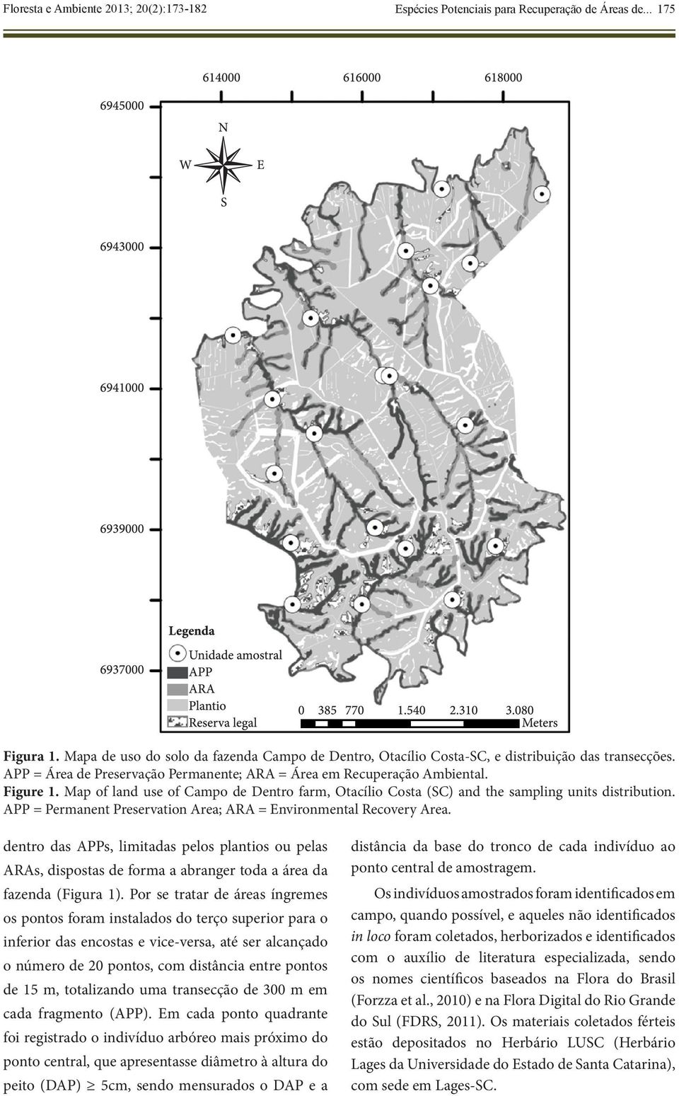 Map of land use of Campo de Dentro farm, Otacílio Costa (SC) and the sampling units distribution. APP = Permanent Preservation Area; ARA = Environmental Recovery Area.