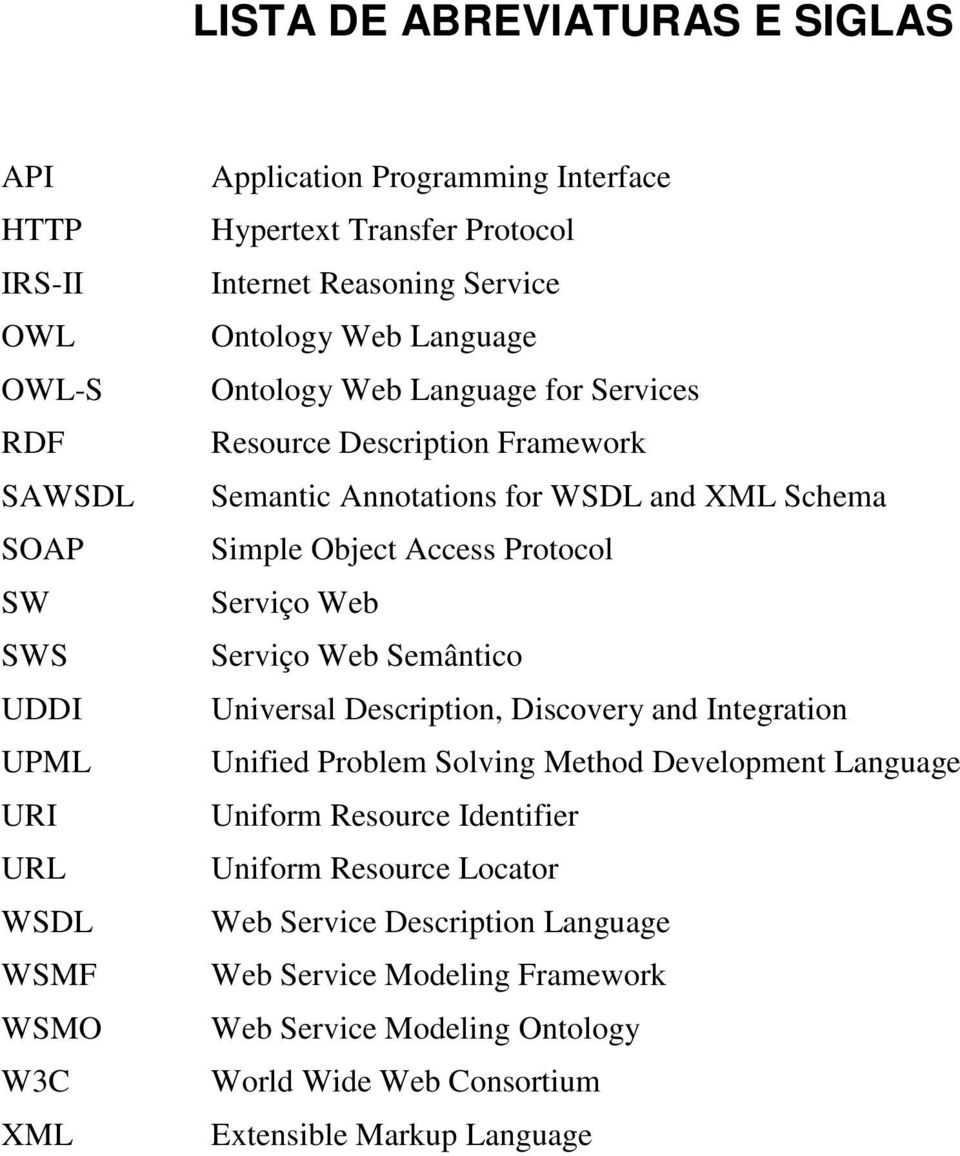 Object Access Protocol Serviço Web Serviço Web Semântico Universal Description, Discovery and Integration Unified Problem Solving Method Development Language Uniform Resource