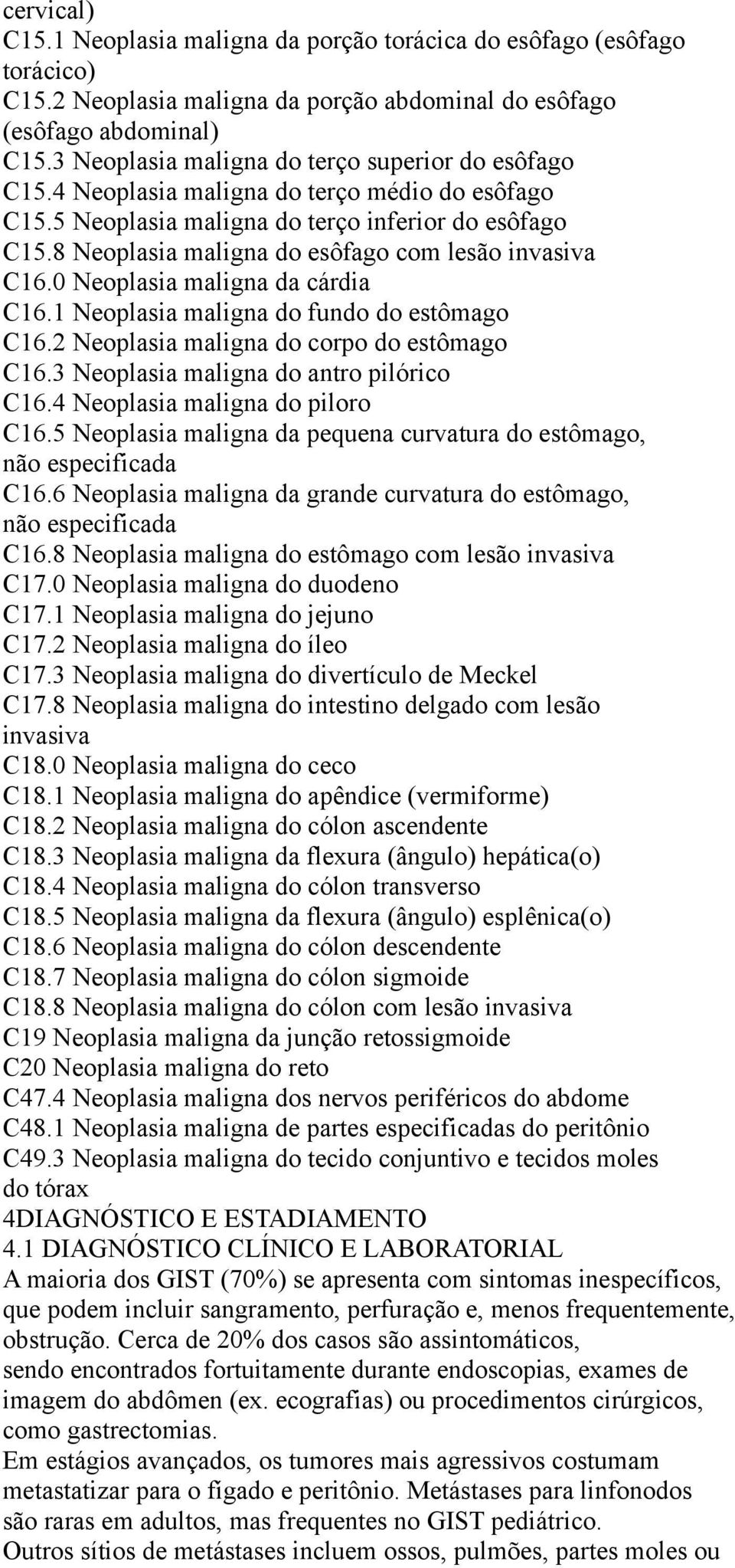 8 Neoplasia maligna do esôfago com lesão invasiva C16.0 Neoplasia maligna da cárdia C16.1 Neoplasia maligna do fundo do estômago C16.2 Neoplasia maligna do corpo do estômago C16.