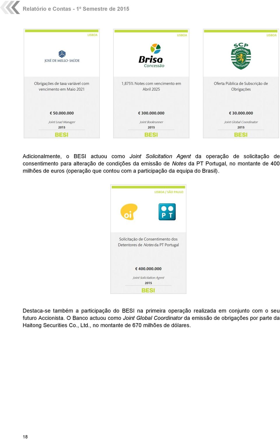 da equipa do Brasil). LISBOA / SÃO PAULO Destaca-se também a participação do BESI na primeira operação realizada em conjunto com o seu futuro Accionista.