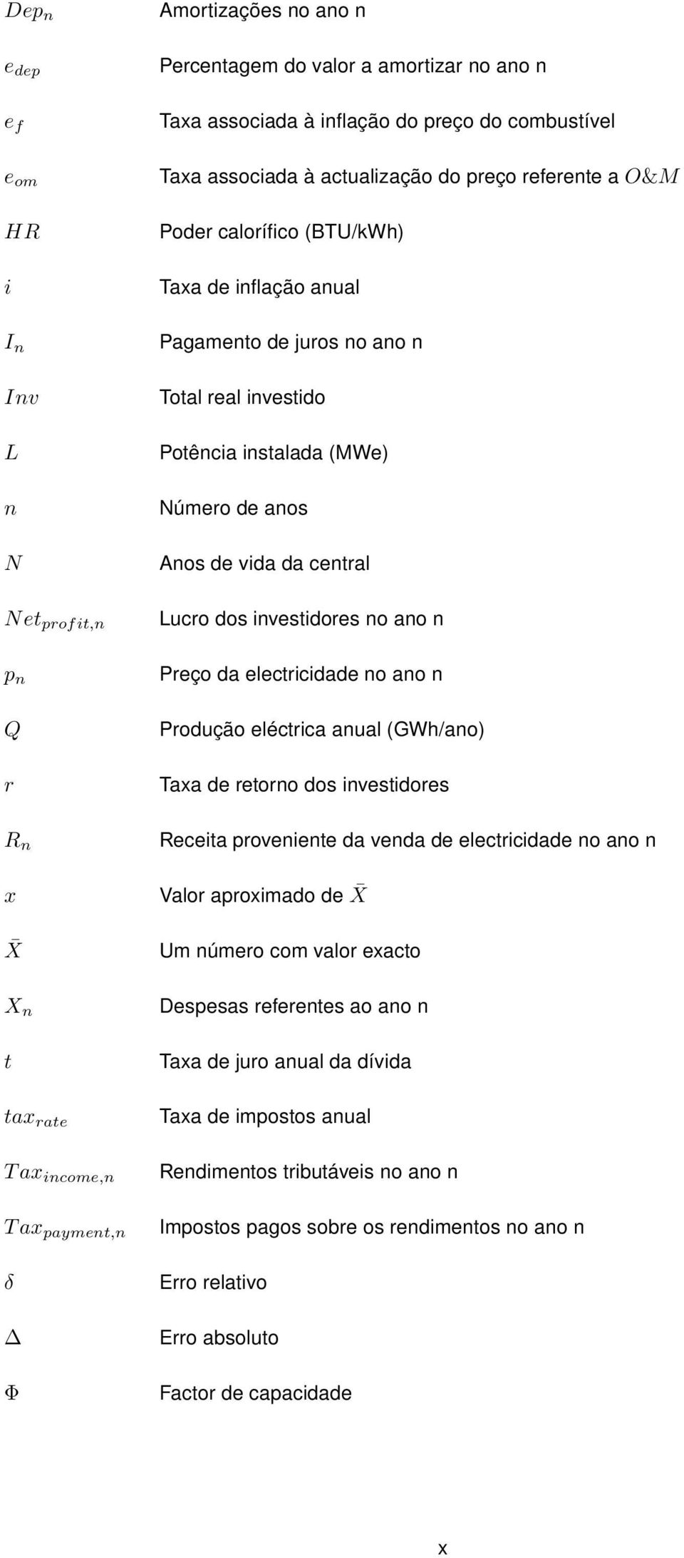 investidores no ano n p n Preço da electricidade no ano n Q r Produção eléctrica anual (GWh/ano) Taxa de retorno dos investidores R n x X Receita proveniente da venda de electricidade no ano n Valor