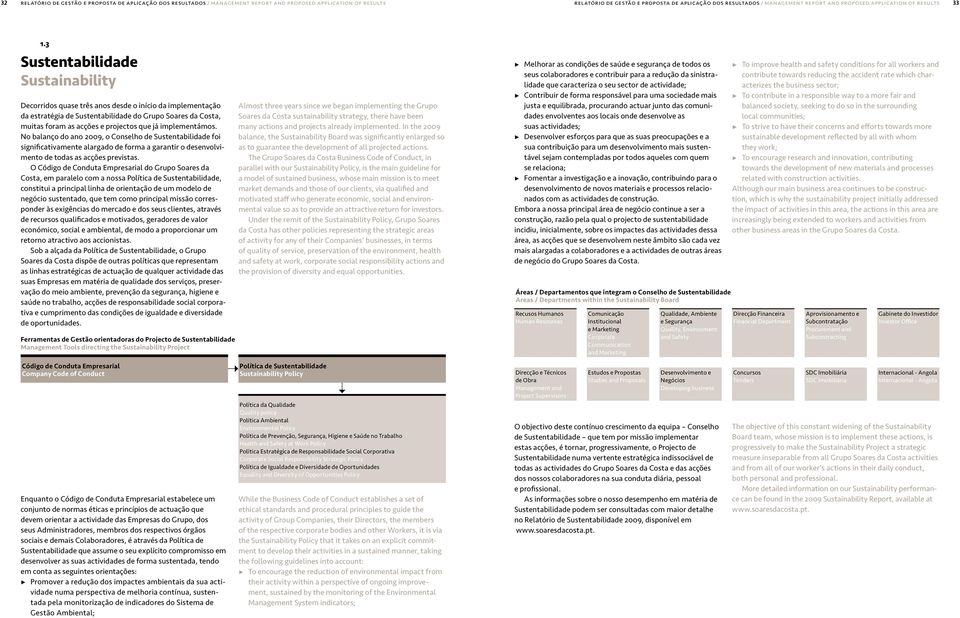 3 Sustentabilidade Sustainability Decorridos quase três anos desde o início da implementação da estratégia de Sustentabilidade do Grupo Soares da Costa, muitas foram as acções e projectos que já