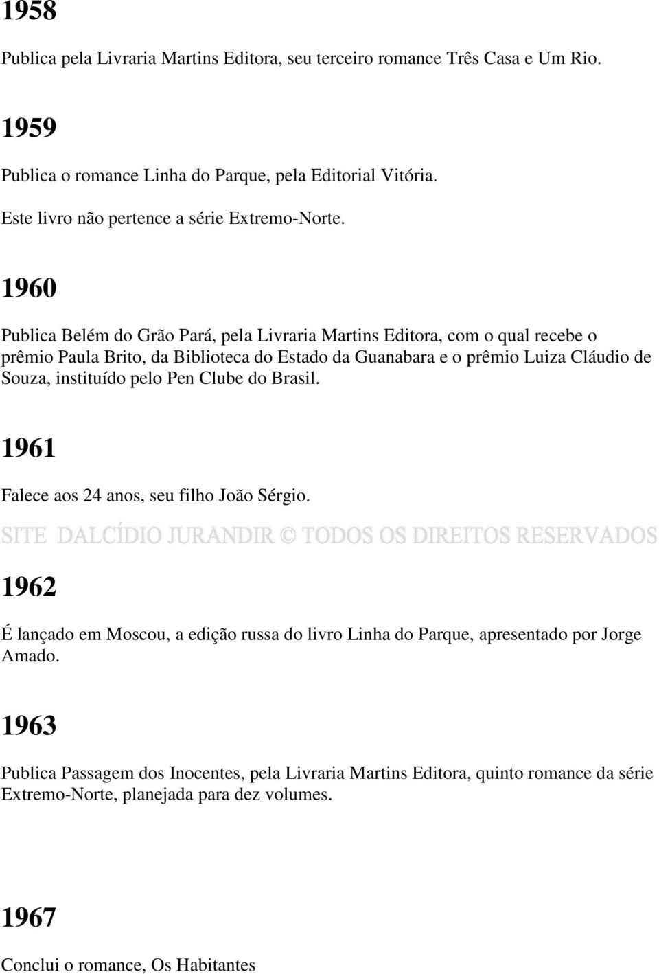 1960 Publica Belém do Grão Pará, pela Livraria Martins Editora, com o qual recebe o prêmio Paula Brito, da Biblioteca do Estado da Guanabara e o prêmio Luiza Cláudio de Souza,