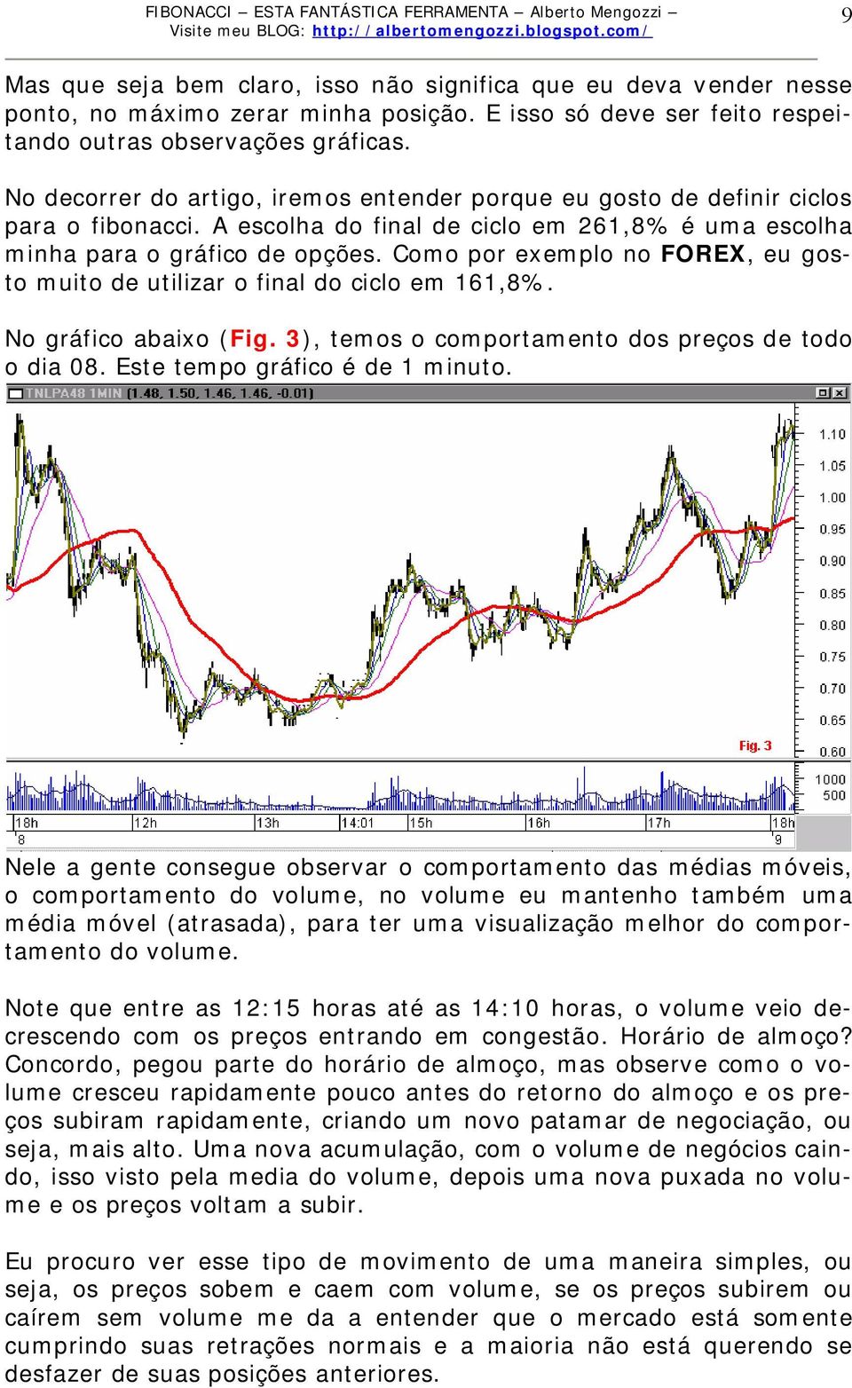 Como por exemplo no FOREX, eu gosto muito de utilizar o final do ciclo em 161,8%. No gráfico abaixo (Fig. 3), temos o comportamento dos preços de todo o dia 08. Este tempo gráfico é de 1 minuto.