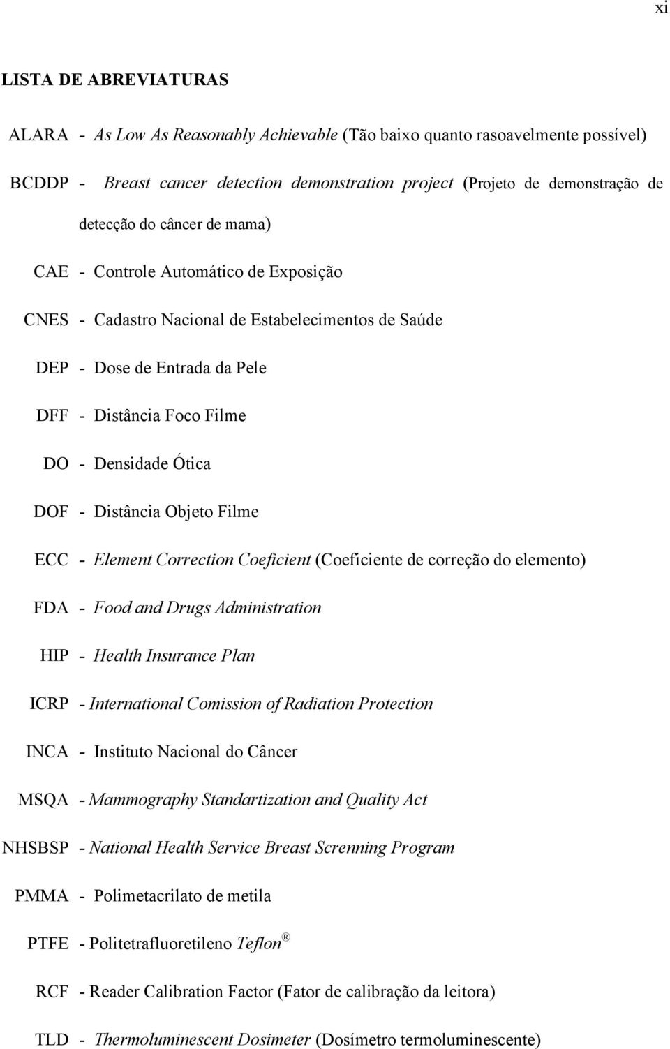 Distância Objeto Filme ECC - Element Correction Coeficient (Coeficiente de correção do elemento) FDA - Food and Drugs Administration HIP - Health Insurance Plan ICRP - International Comission of