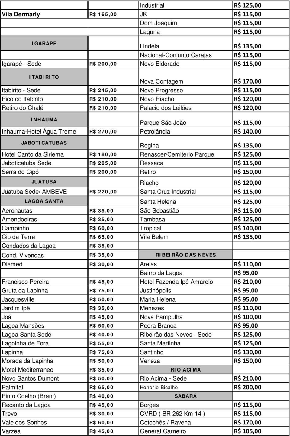 120,00 INHAUMA Parque São João R$ 115,00 Inhauma-Hotel Água Treme R$ 270,00 Petrolândia R$ 140,00 JABOTICATUBAS Regina R$ 135,00 Hotel Canto da Siriema R$ 180,00 Renascer/Cemiterio Parque R$ 125,00