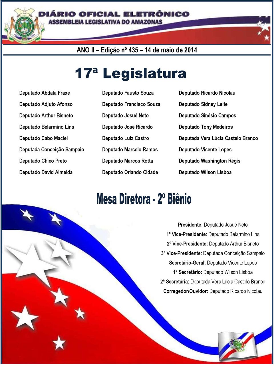 Deputado Ricardo Nicolau Deputado Sidney Leite Deputado Sinésio Campos Deputado Tony Medeiros Deputada Vera Lúcia Castelo Branco Deputado Vicente Lopes Deputado Washington Régis Deputado Wilson