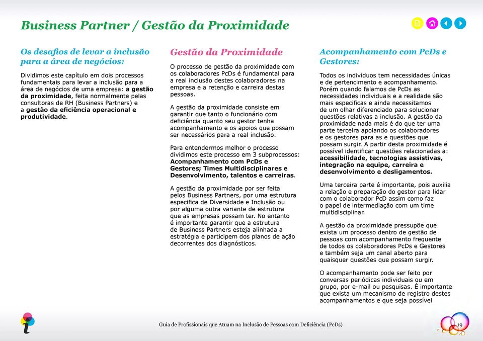 Gestão da Proximidade O processo de gestão da proximidade com os colaboradores PcDs é fundamental para a real inclusão destes colaboradores na empresa e a retenção e carreira destas pessoas.