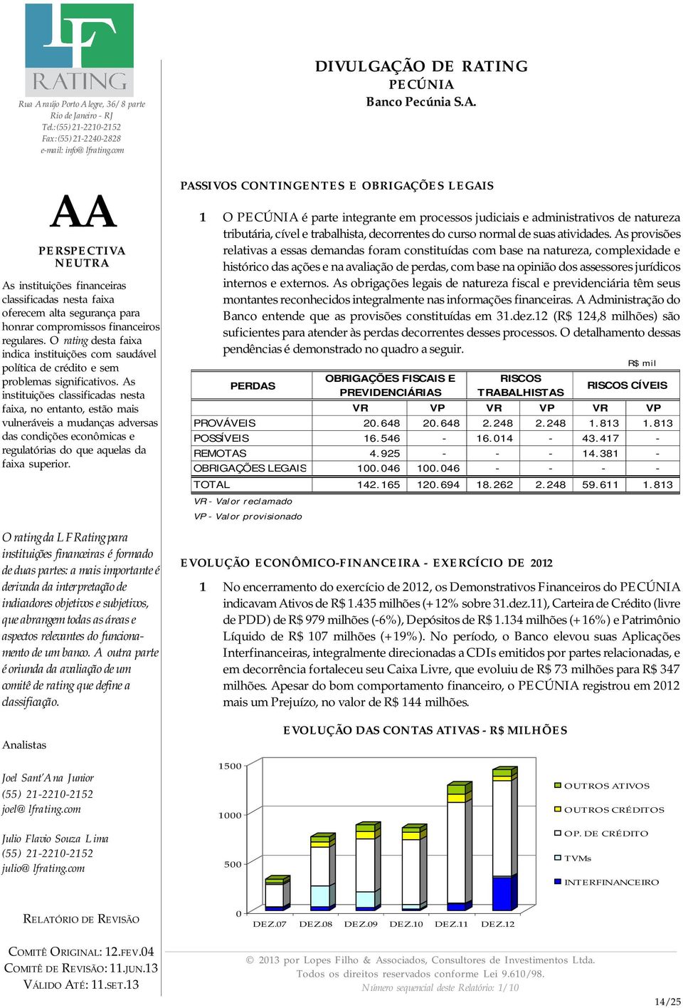 As provisões relativas a essas demandas foram constituídas com base na natureza, complexidade e histórico das ações e na avaliação de perdas, com base na opinião dos assessores jurídicos internos e