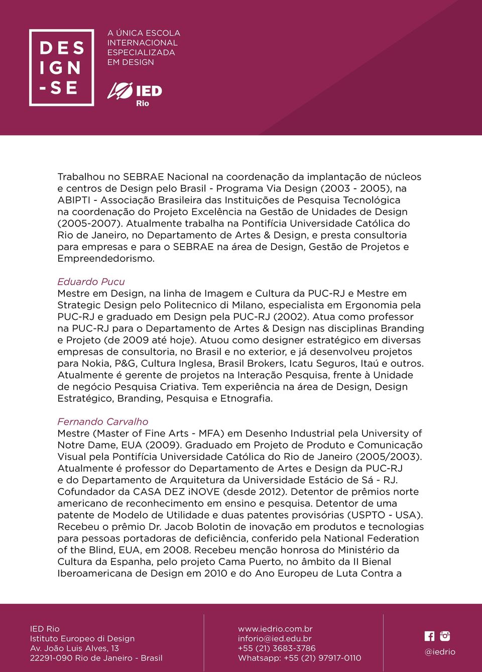 Atualmente trabalha na Pontifícia Universidade Católica do Rio de Janeiro, no Departamento de Artes & Design, e presta consultoria para empresas e para o SEBRAE na área de Design, Gestão de Projetos