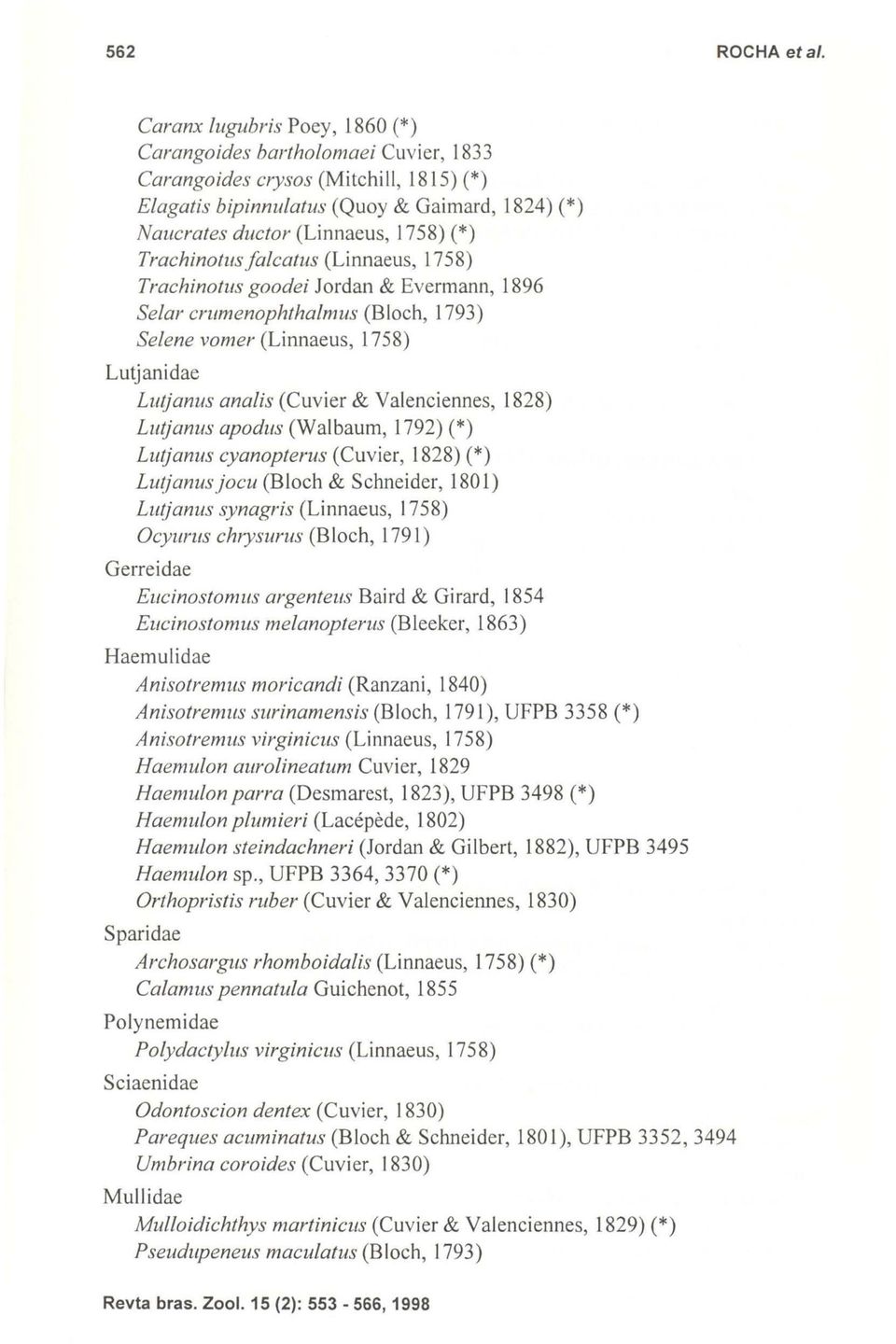 Trachinotlls falcatus (Linnaeus, 1758) Trachinotus goodei Jordan & Evermann, 1896 Selar crllmenophthalmus (Bloch, 1793) Selene vomer (Linnaeus, 1758) Lutjanidae Lutjanus analis (Cuvier &