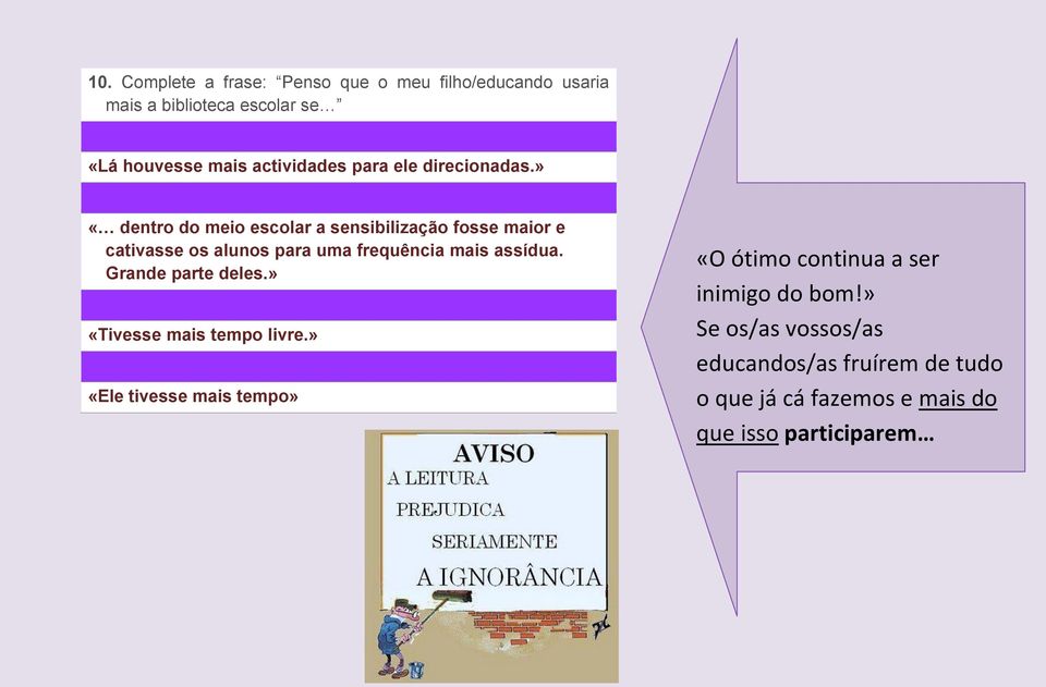 » «dentro do meio escolar a sensibilização fosse maior e cativasse os alunos para uma frequência mais assídua.