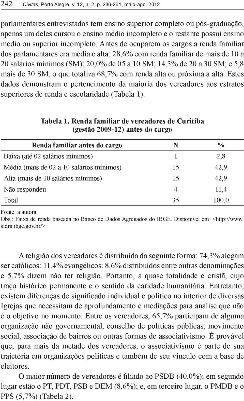 Antes de ocuparem os cargos a renda familiar dos parlamentares era média e alta: 28,6% com renda familiar de mais de 10 a 20 salários mínimos (SM); 20,0% de 05 a 10 SM; 14,3% de 20 a 30 SM; e 5,8